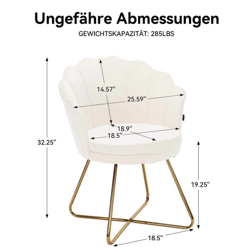 Ein cremefarbener Stuhl mit goldenen Beinen, die Abmessungen sind angegeben. Oben steht 'Ungefähre Abmessungen' und 'Gewichtskapazität: 285LBS'.