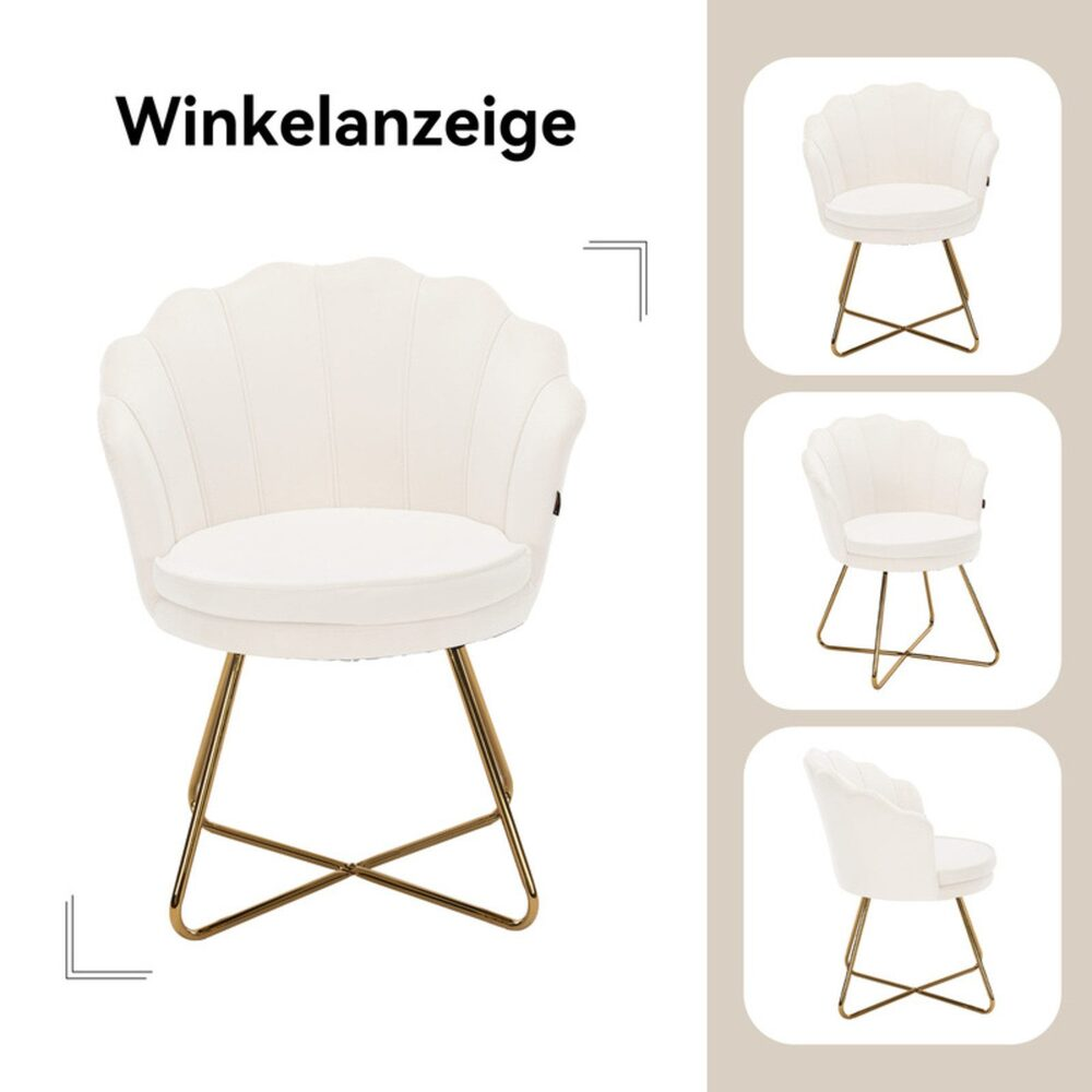 Ein weißer, muschelförmiger Stuhl mit goldenen Beinen wird gezeigt. Zusätzliche Ansichten des Stuhls sind rechts im Bild zu sehen.