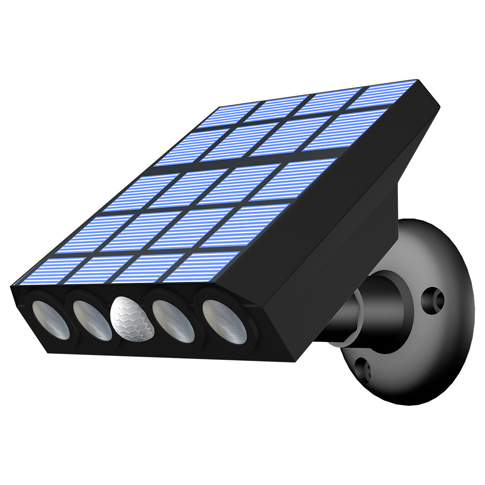 Ein schwarzes Solarpanel mit blauen Gittern und mehreren Lichtern. Es ist an einer Wand mit einer schwarzen kreisförmigen Basis montiert.