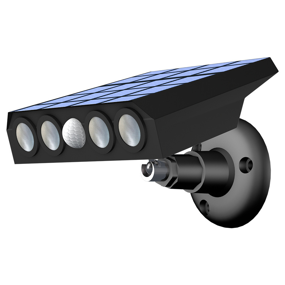 Schwarze solarbetriebene Sicherheitsleuchte mit vier Lichtern und einem Solarpanel. Sie ist an einer Wand montiert. Weißer Hintergrund.