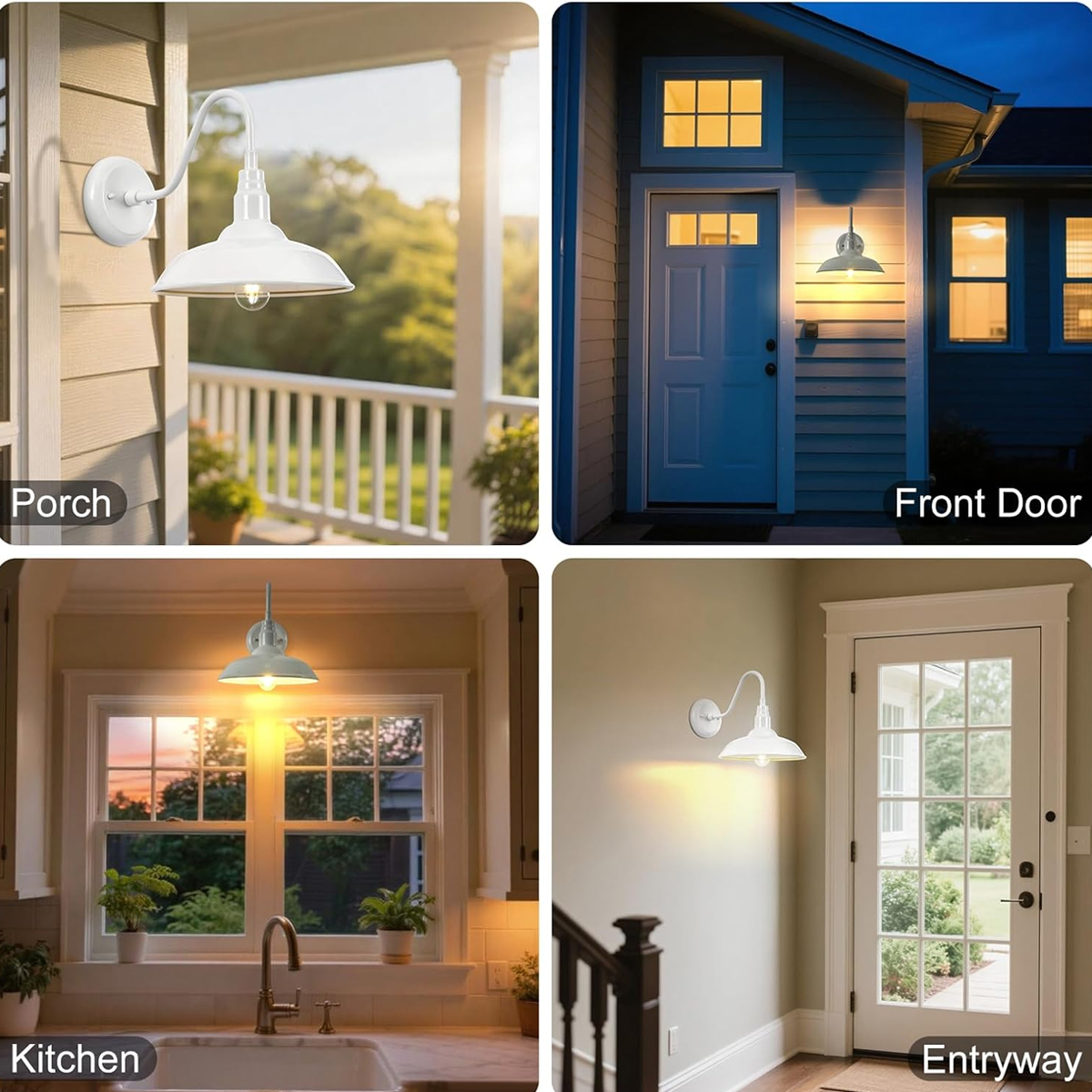 Vier Bilder mit weißen Lampen im Scheunenstil in verschiedenen Umgebungen: Veranda, Haustür, Küche und Eingang.