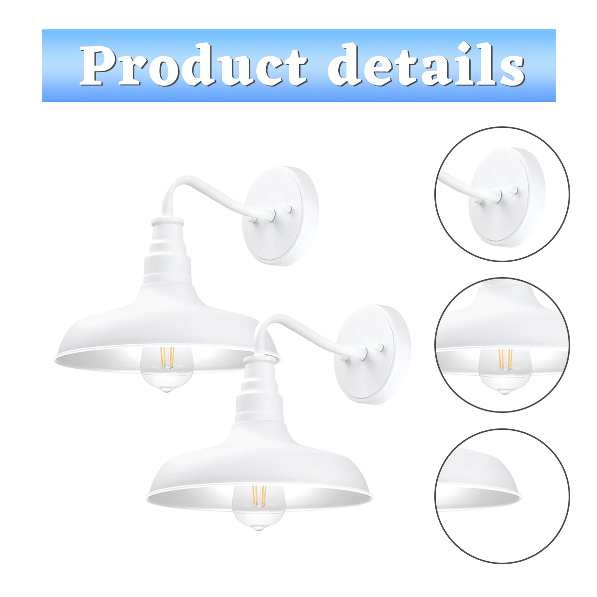 Weiße Wandlampen mit sichtbaren Glühbirnen. Produktdetails Text oben. Detailaufnahmen der Lampe sind rechts zu sehen.