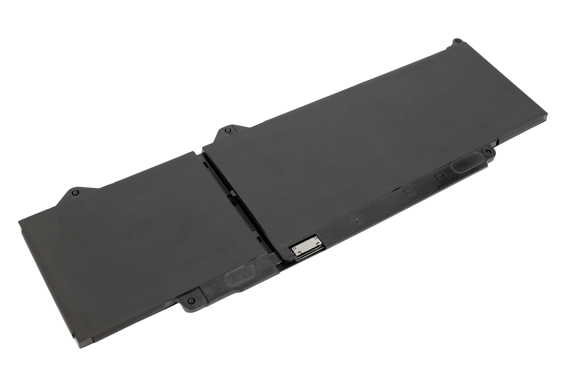 Ein schwarzer Laptop-Akku auf weißem Hintergrund. Er hat zwei Hauptteile und einen kleinen Anschluss.