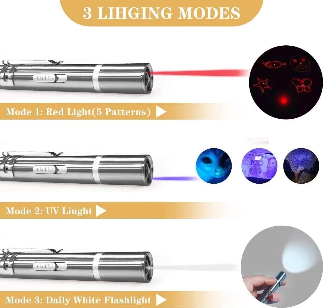 Das Bild zeigt einen Laserpointer mit drei Modi: rotes Licht mit Mustern, UV-Licht und weißer Taschenlampe. Jeder Modus wird demonstriert.