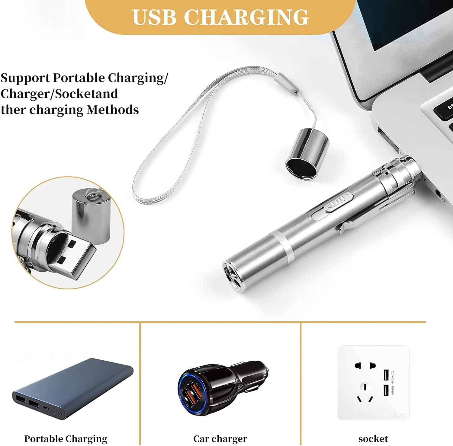 Das Bild zeigt USB-Ladegeräte: eine Powerbank, ein Autoladegerät und eine Steckdose. Ein silbernes Ladegerät ist mit einem Laptop verbunden.