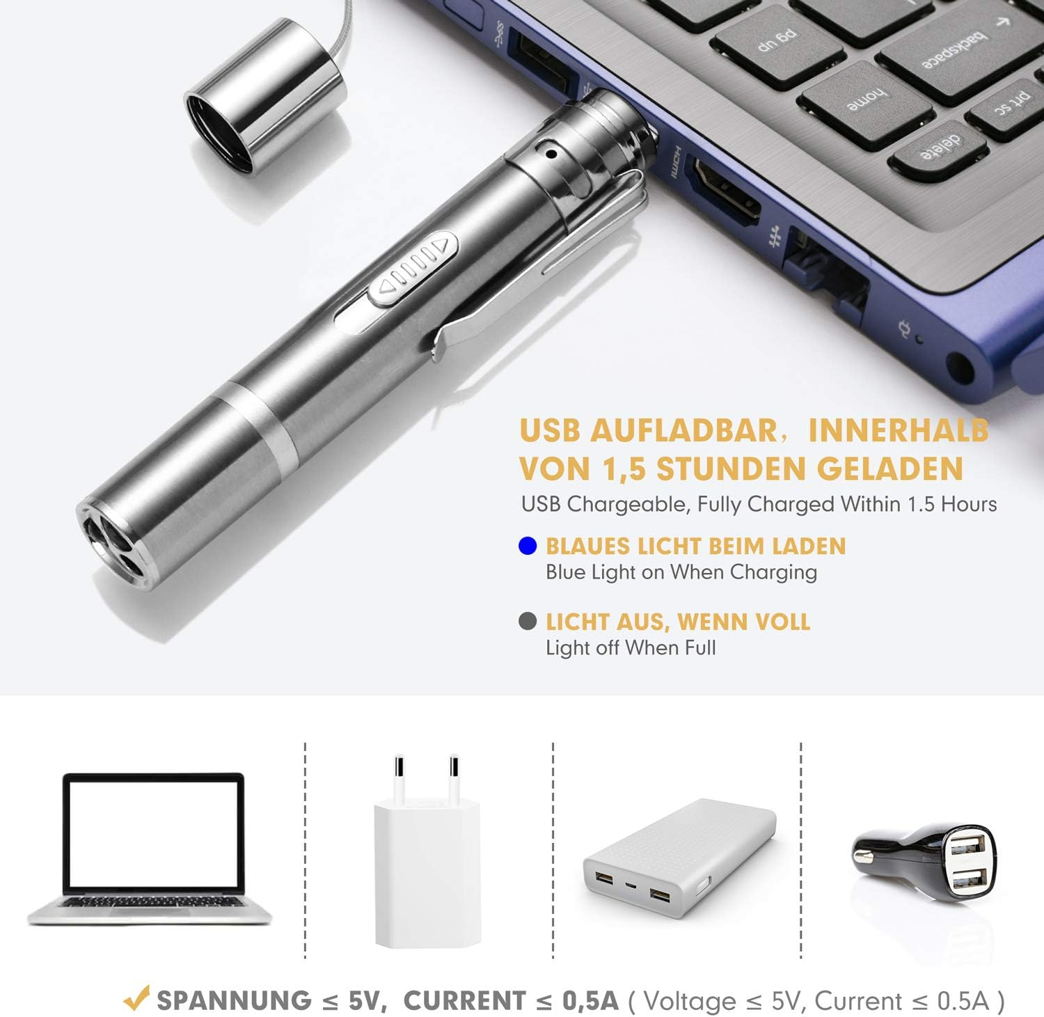 Eine silberne Taschenlampe und ein Laptop liegen auf einer weißen Oberfläche. Text beschreibt USB-Aufladung und Spannungsspezifikationen.