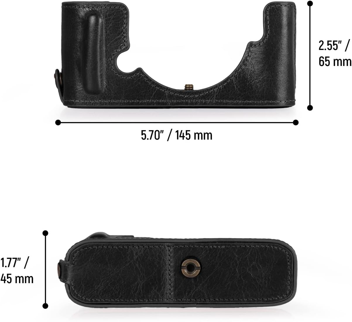 Schwarze Leder-Kameratasche mit Maßangaben. Draufsicht zeigt 5,70" Länge. Seitenansicht zeigt 2,55" Höhe und 1,77" Dicke.