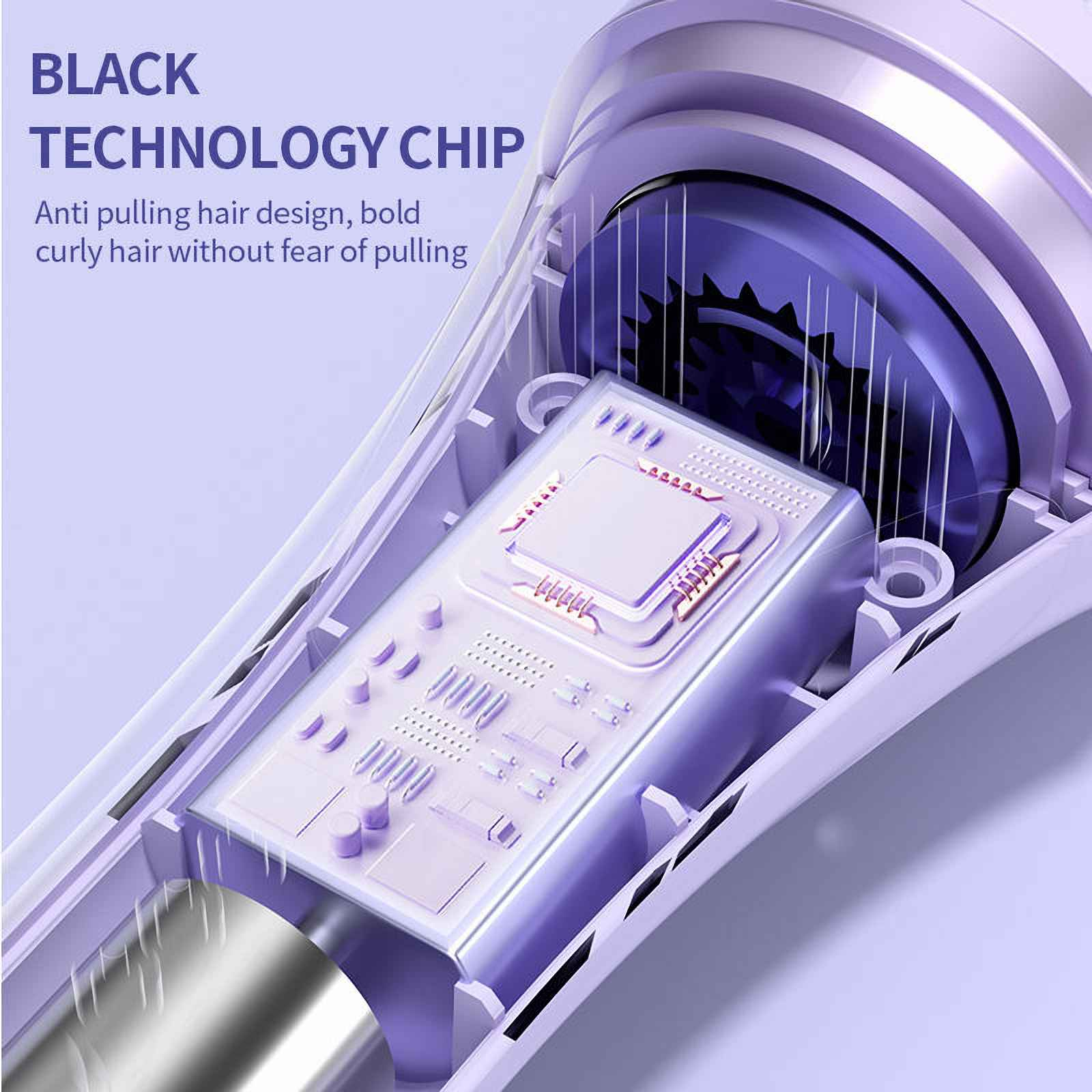 Nahaufnahme eines weiß-violetten Haarstyling-Geräts mit einem Technologie-Chip.