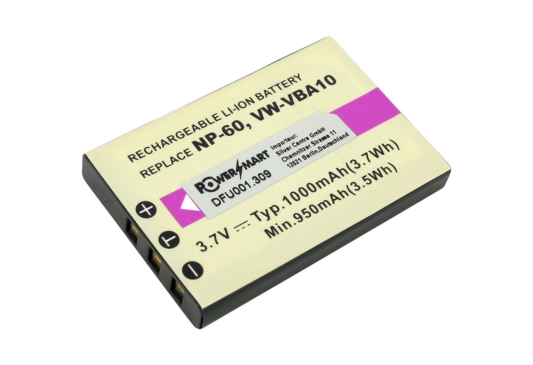 Ein wiederaufladbarer Li-Ion-Akku, Modell NP-60, VW-VBA10, mit aufgedruckten Spezifikationen wie Spannung und Kapazität.