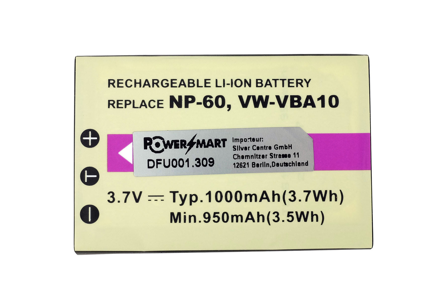 Ein rechteckiger Akku mit der Aufschrift 'RECHARGEABLE LI-ION BATTERY', mit Text, Symbolen und einem Power/Mart-Aufkleber.