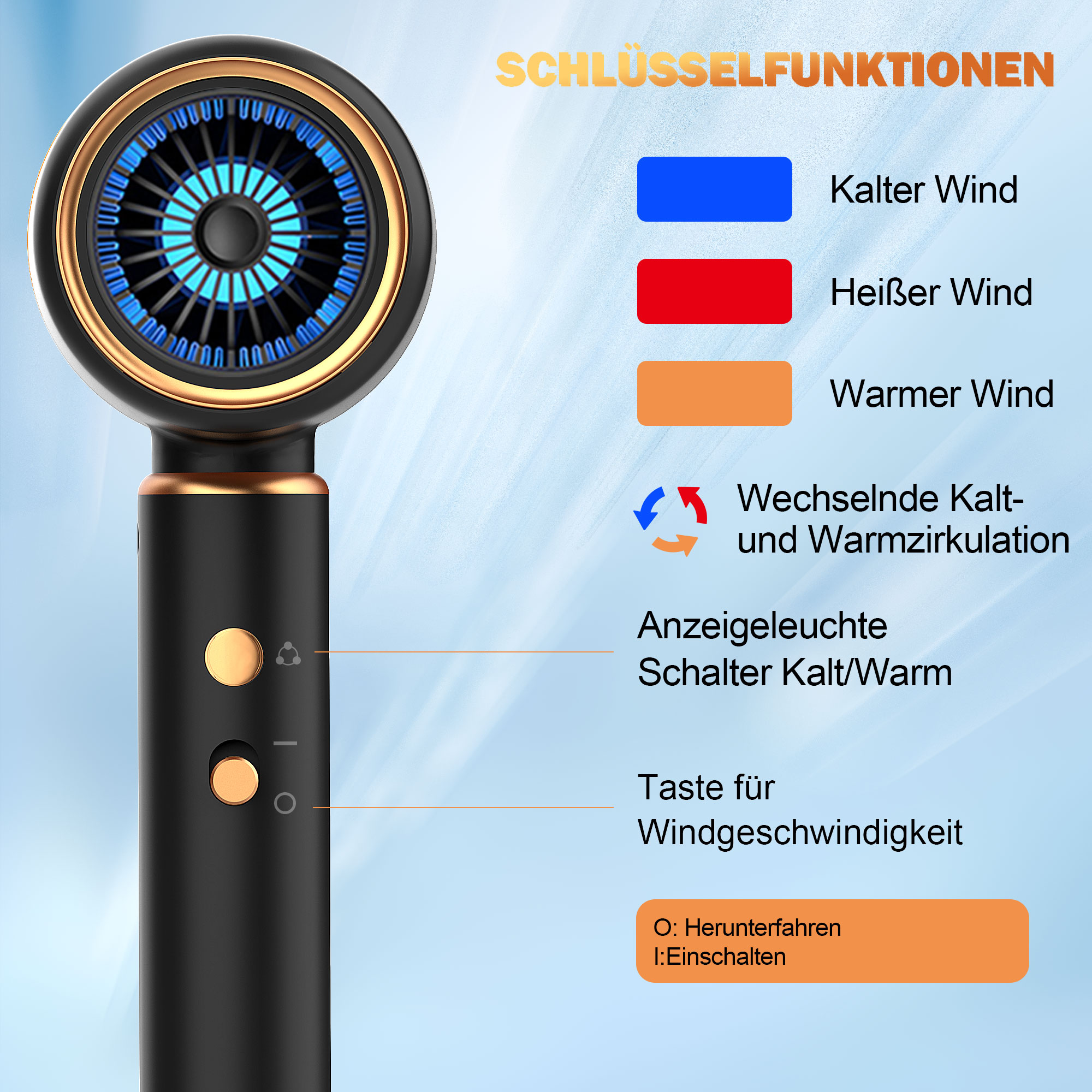 Schwarzer und goldener Haartrockner mit Knöpfen und blauem Licht. Deutsche Textbeschriftungen beschreiben Funktionen.