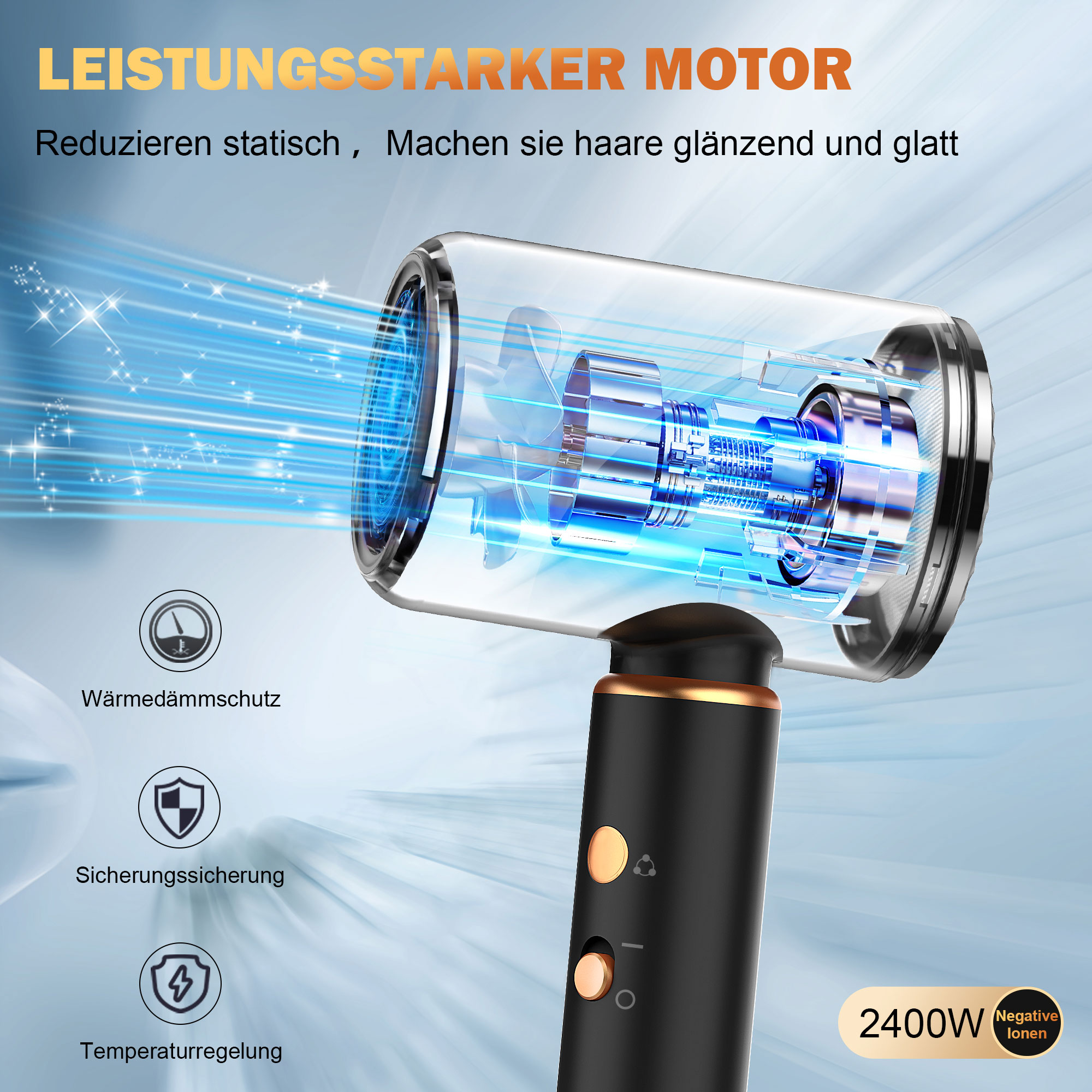 Haartrockner mit transparentem Kopf, schwarzem Griff und goldenen Knöpfen. Blaue Lichteffekte werden gezeigt.