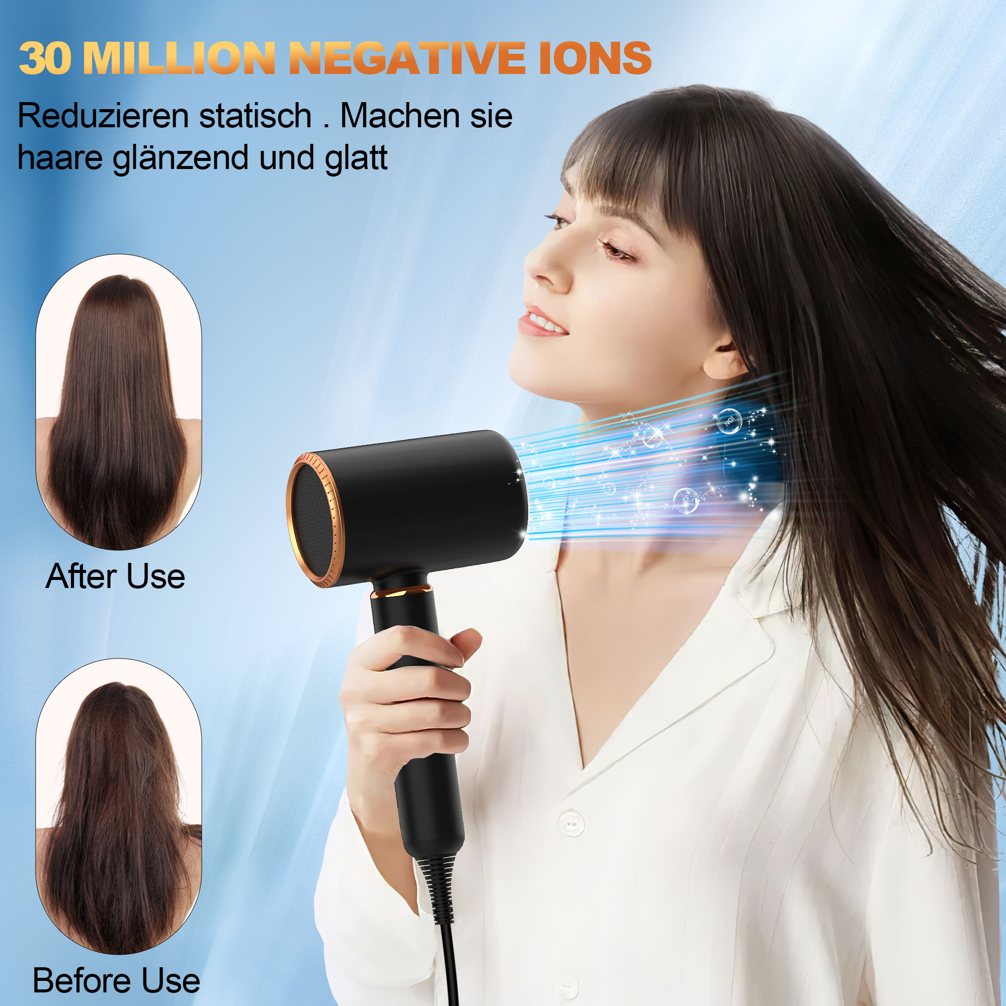Eine Frau benutzt einen schwarzen Haartrockner. Der Text lautet '30 MILLION NEGATIVE IONS'. Haare vor und nach der Anwendung werden gezeigt.