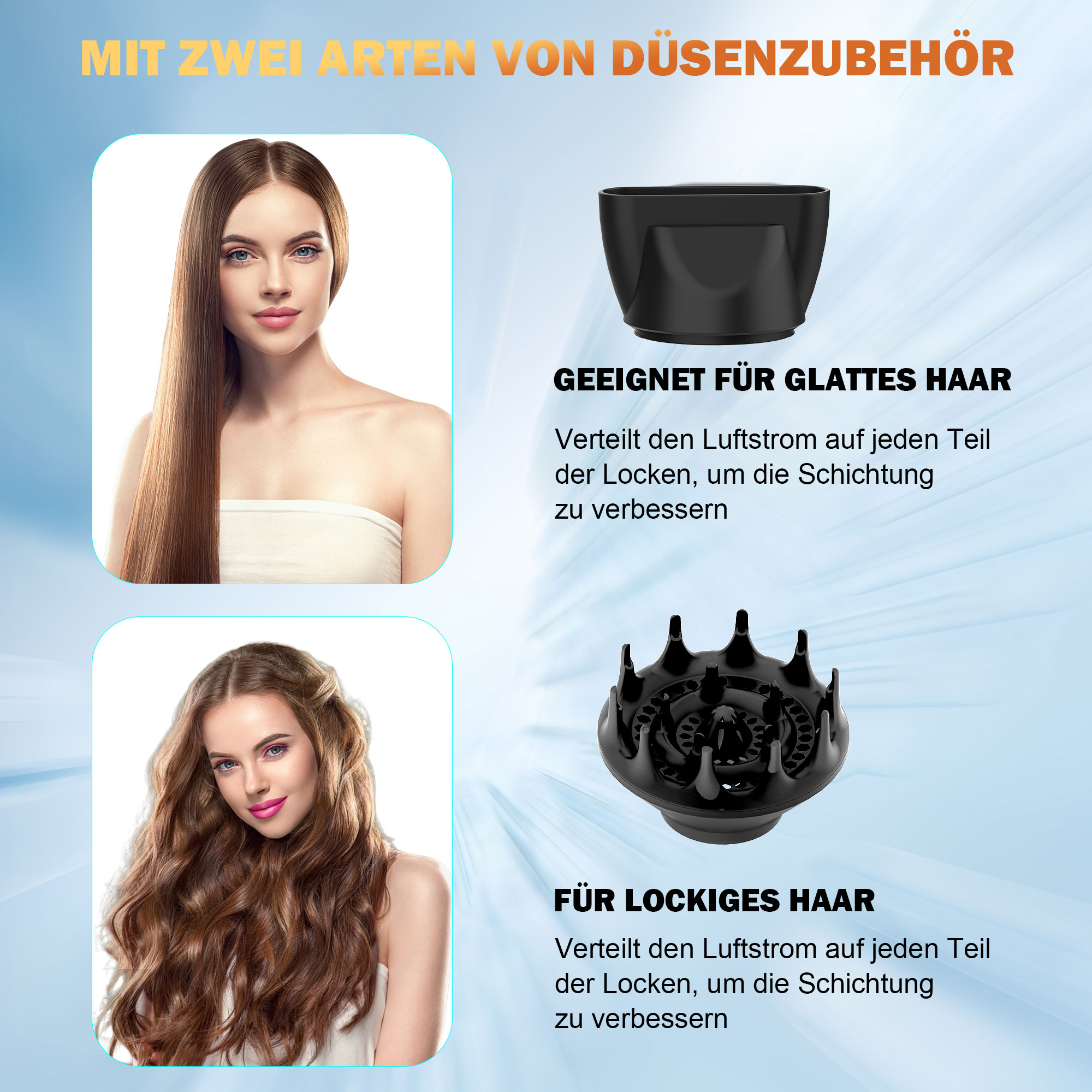 Bild zeigt zwei Frauen mit verschiedenen Frisuren und zwei schwarze Fönaufsätze, Text auf Deutsch.