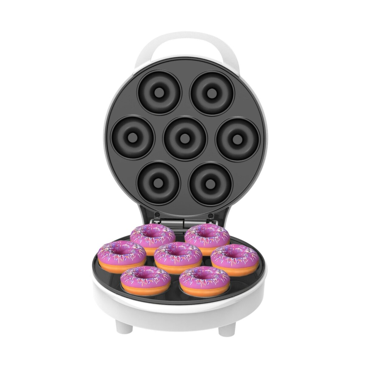 Ein weißer Donut-Maker mit sieben Donuts. Die Donuts haben rosa Zuckerguss, eine orangefarbene Basis und Streusel.