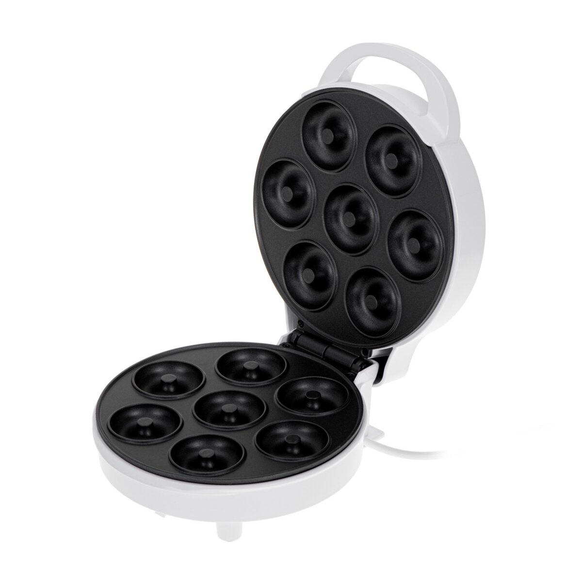 Ein weißer Donut-Maker, geöffnet, mit sieben Donut-Formen in jeder Hälfte. Die obere Hälfte hat einen Griff. Der Hintergrund ist weiß.