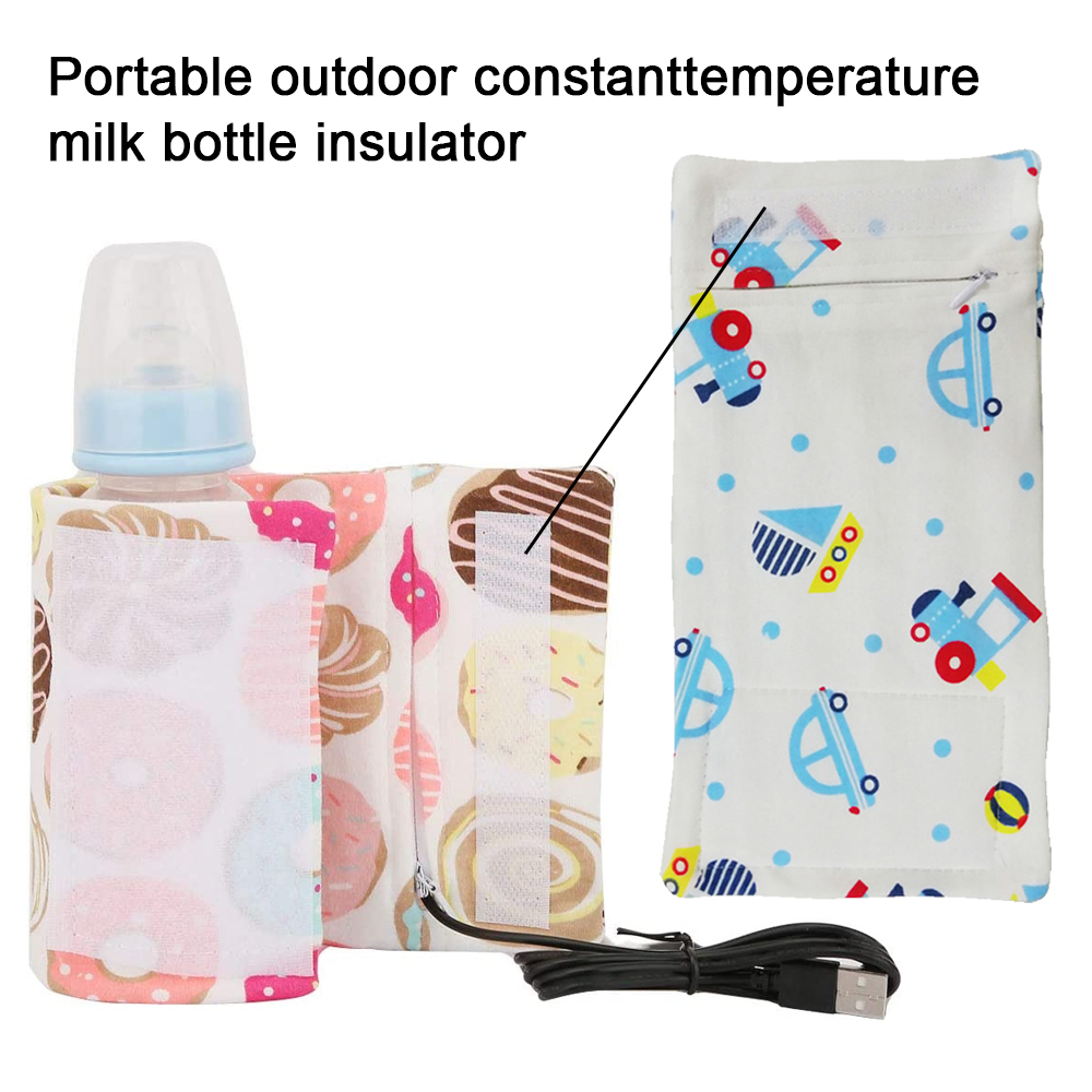 Ein Milchflaschen-Isolierset mit Flasche, Donut-Muster-Wickel und einer gemusterten Tasche. Enthält ein USB-Kabel.