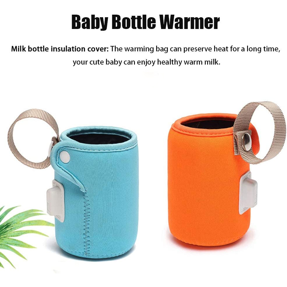 Das Bild zeigt zwei Babyflaschenwärmer, einen blauen und einen orangen. Beide haben Griffe und weiße Stecker. Der Text lautet 'Babyflaschenwärmer'.