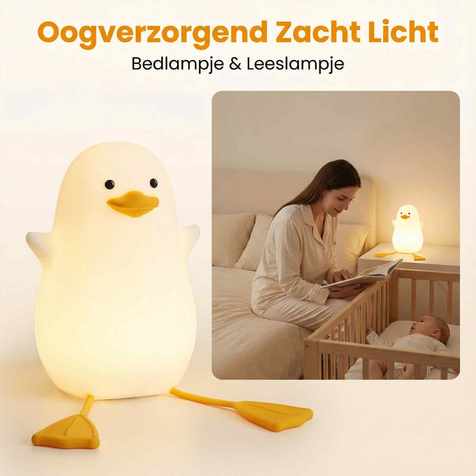 Entenförmiges Nachtlicht, Frau liest einem Baby in einem Kinderbett vor. Nachttischlampe ist auch eine Ente.