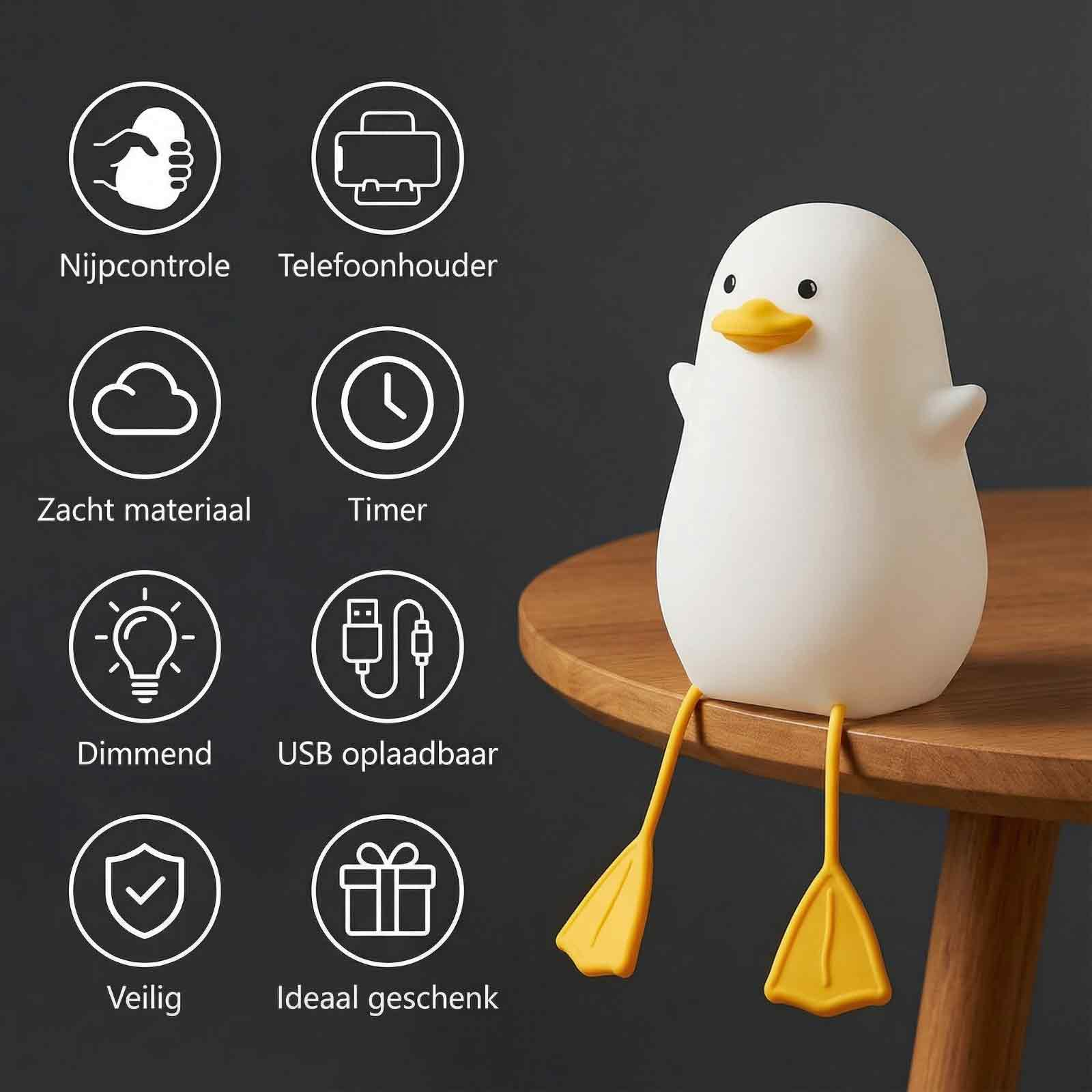 Ein weißes Enten-Nachtlicht mit gelben Füßen und Schnabel, das auf einem Holztisch sitzt. Symbole von Funktionen sind vorhanden.