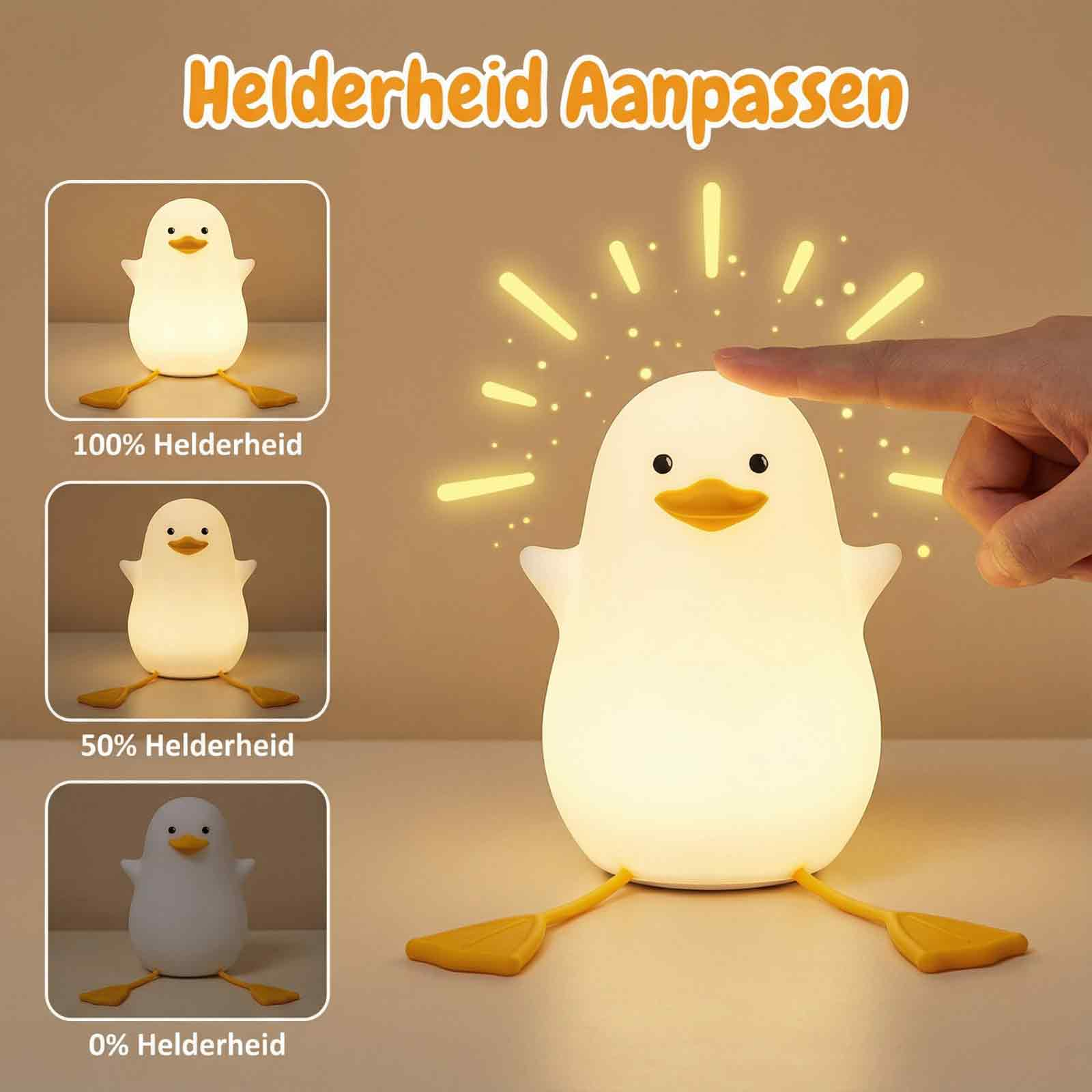 Ein nachtlichtförmiges Nachtlicht mit einstellbarer Helligkeit. Eine Hand berührt das Licht. Drei Helligkeitsstufen werden angezeigt.