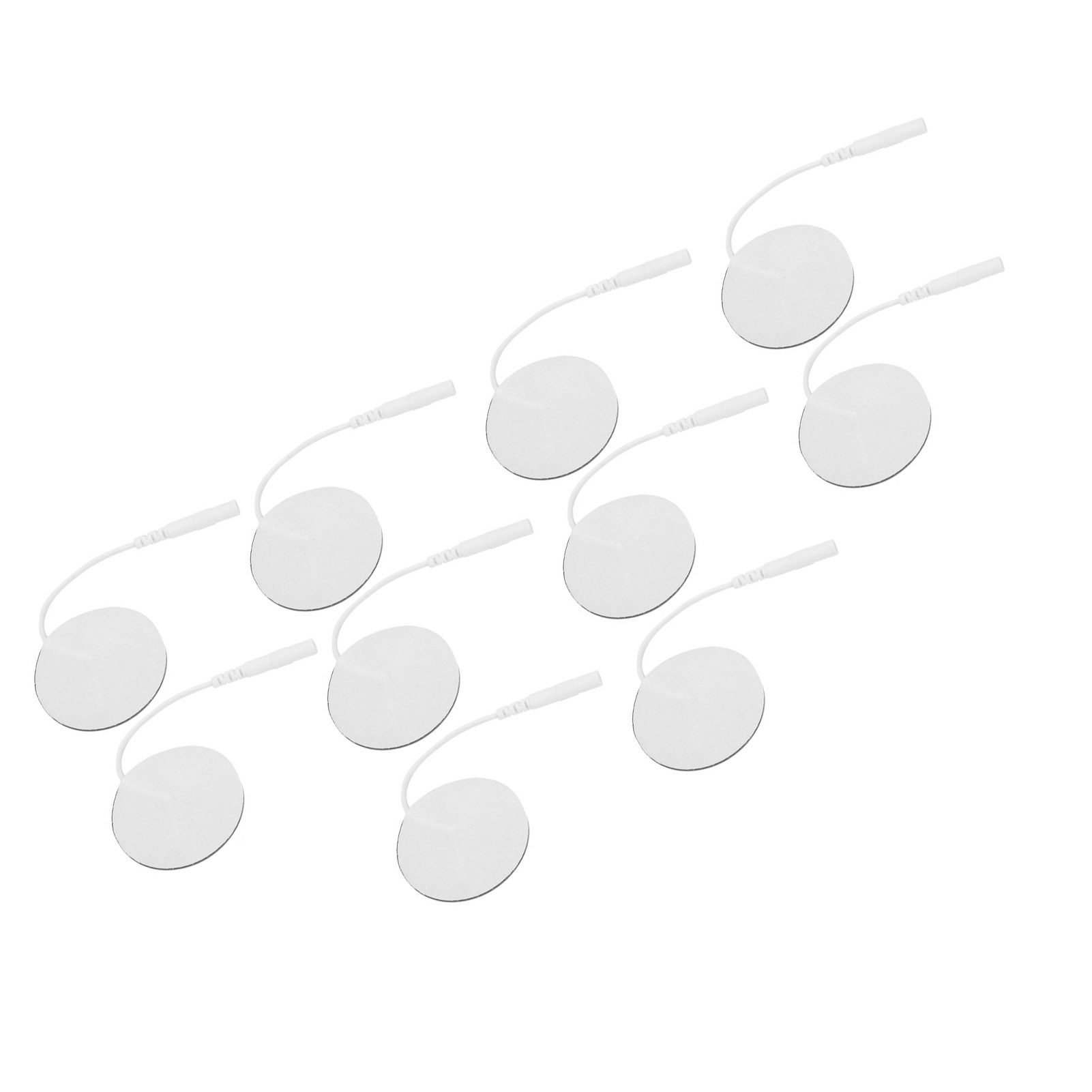 Neun weiße, kreisförmige Pads mit daran befestigten weißen Drähten und Steckern sind auf weißem Hintergrund angeordnet.