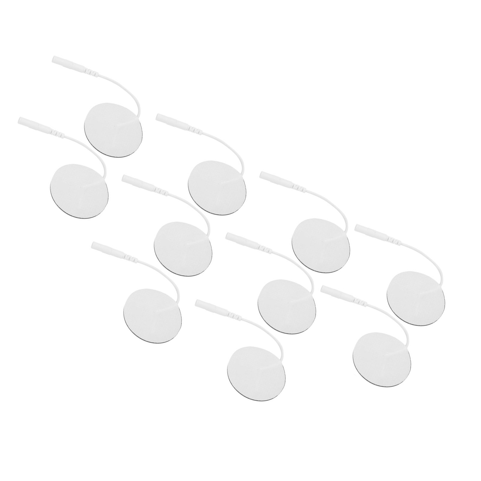 Neun weiße, kreisförmige Elektrodenpads mit Anschlussdrähten, diagonal auf weißem Hintergrund angeordnet.