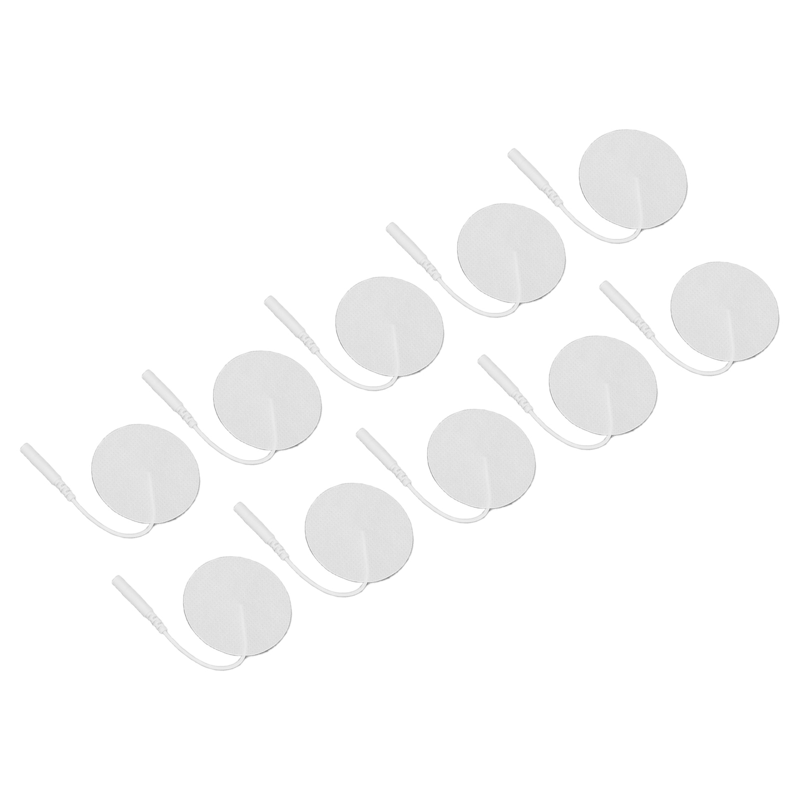 Zehn weiße, kreisförmige Elektrodenpads mit weißen Drähten und Steckern sind diagonal auf weißem Hintergrund angeordnet.