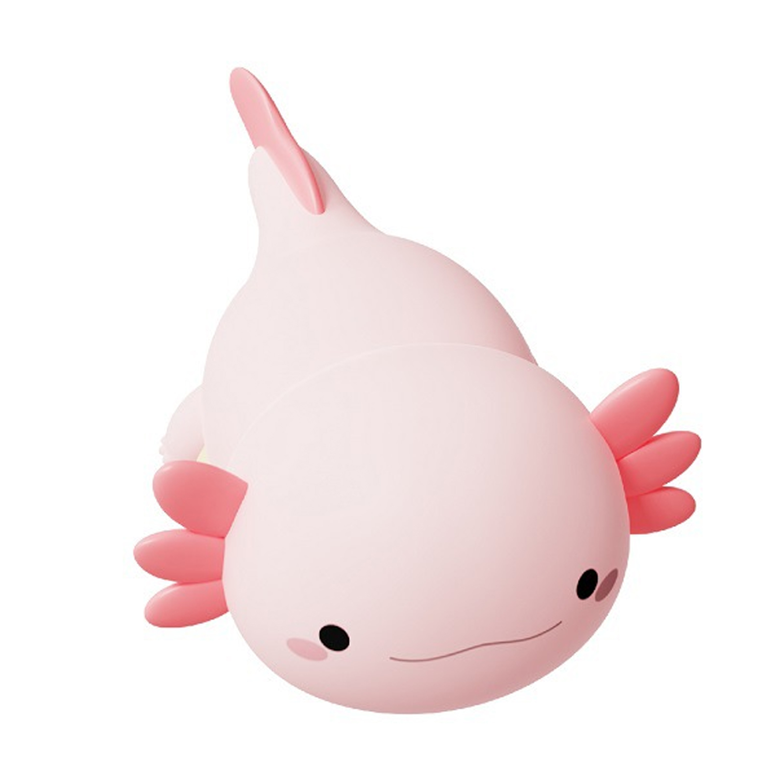 Ein rosa Axolotl wird dargestellt, mit rosa Kiemen und einer Rückenflosse. Es hat schwarze Augen und einen lächelnden Mund, alles auf weißem Hintergrund.