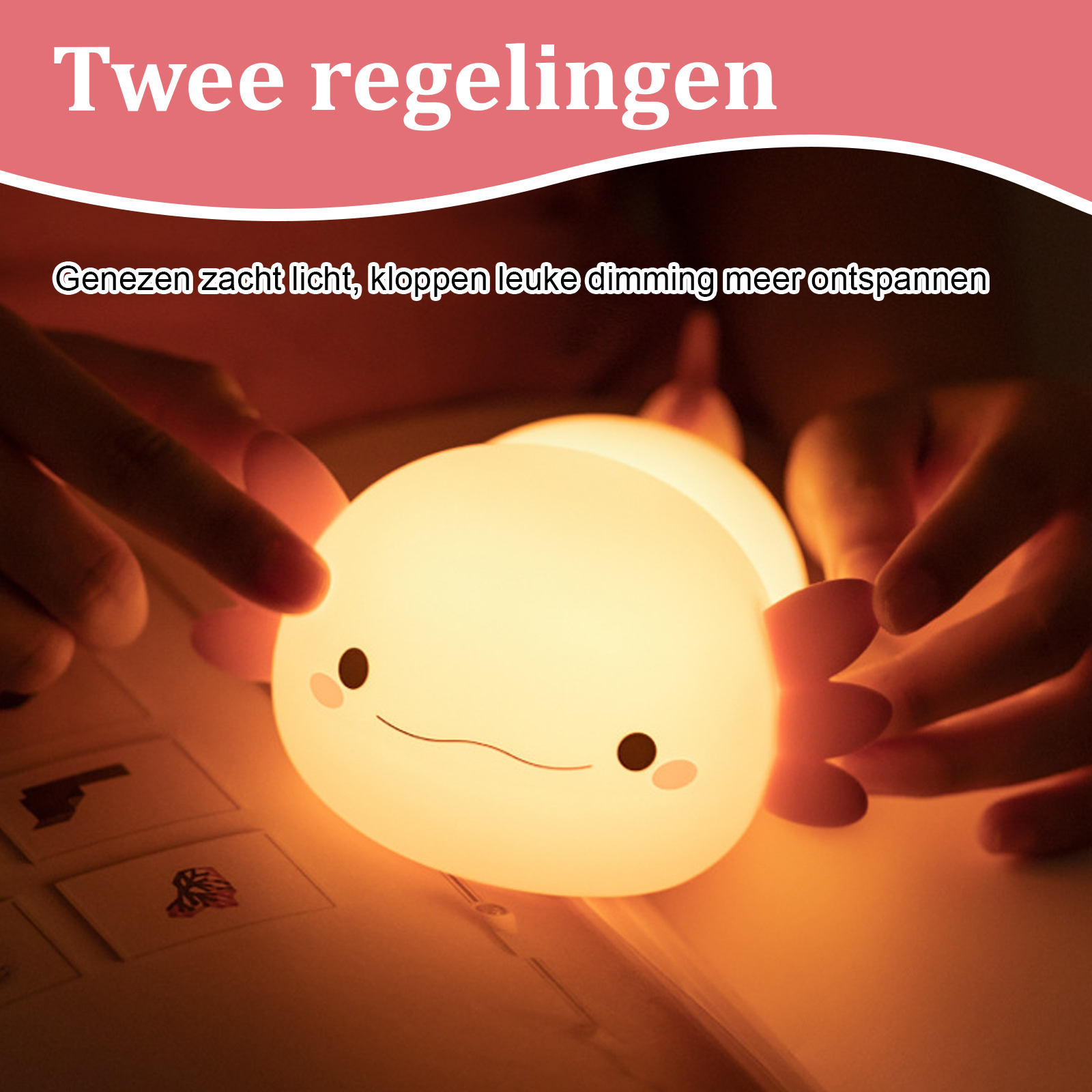 Eine leuchtende, cartoonartige Axolotl-Lampe, die berührt wird. Oben steht 'Zwei Einstellungen'.