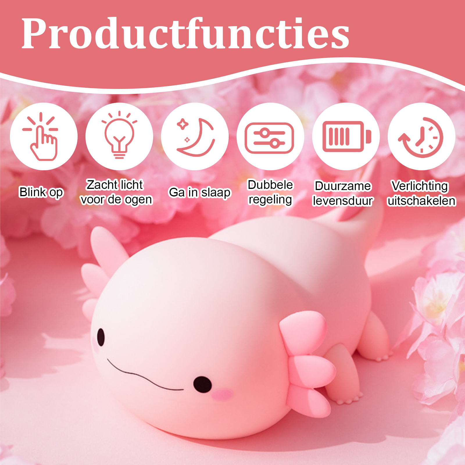Ein rosa Axolotl-Spielzeug mit Symbolen für Produktfunktionen, darunter Licht, Schlaf und Timer, auf rosa Hintergrund.
