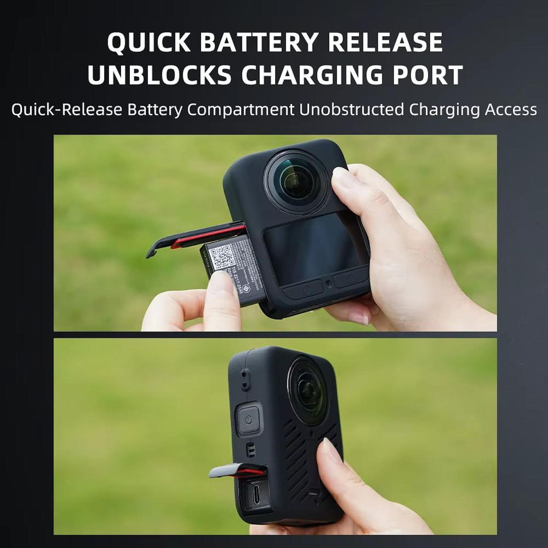 Una persona sta rimuovendo una batteria da una fotocamera nera. Lo sfondo è erba verde sfocata.