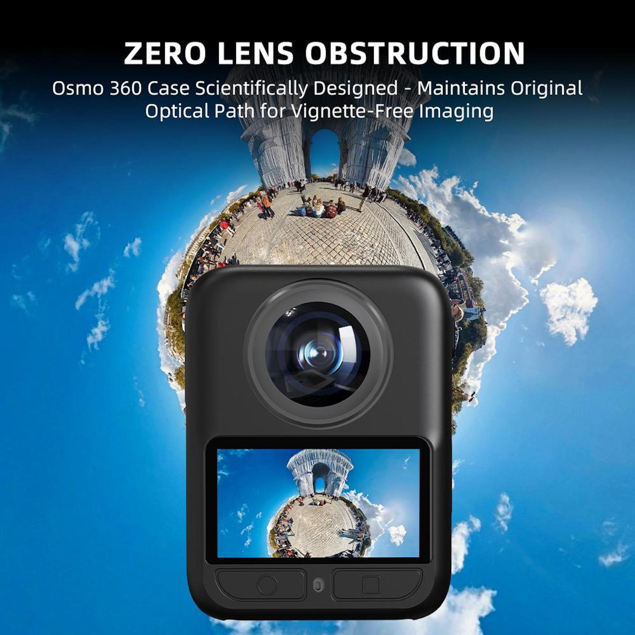 Custodia nera per fotocamera con obiettivo, che mostra un'immagine dell'Arco di Trionfo. Testo in alto: Zero Lens Obstruction.