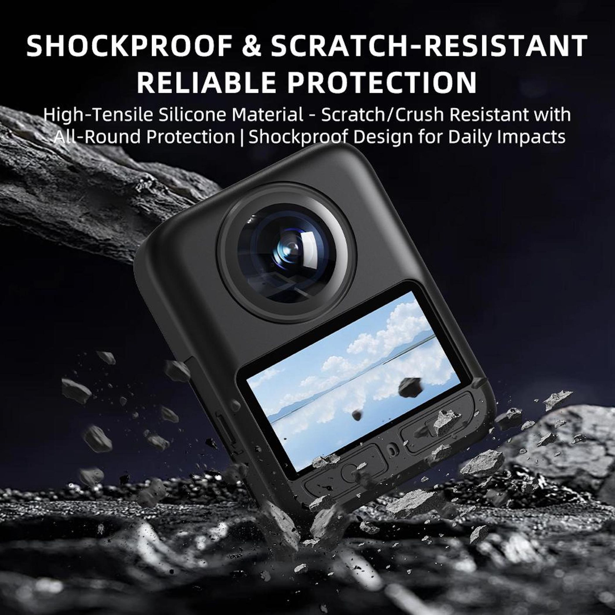 Action cam nera in custodia protettiva. Rocce cadono intorno. Lo schermo mostra il cielo.