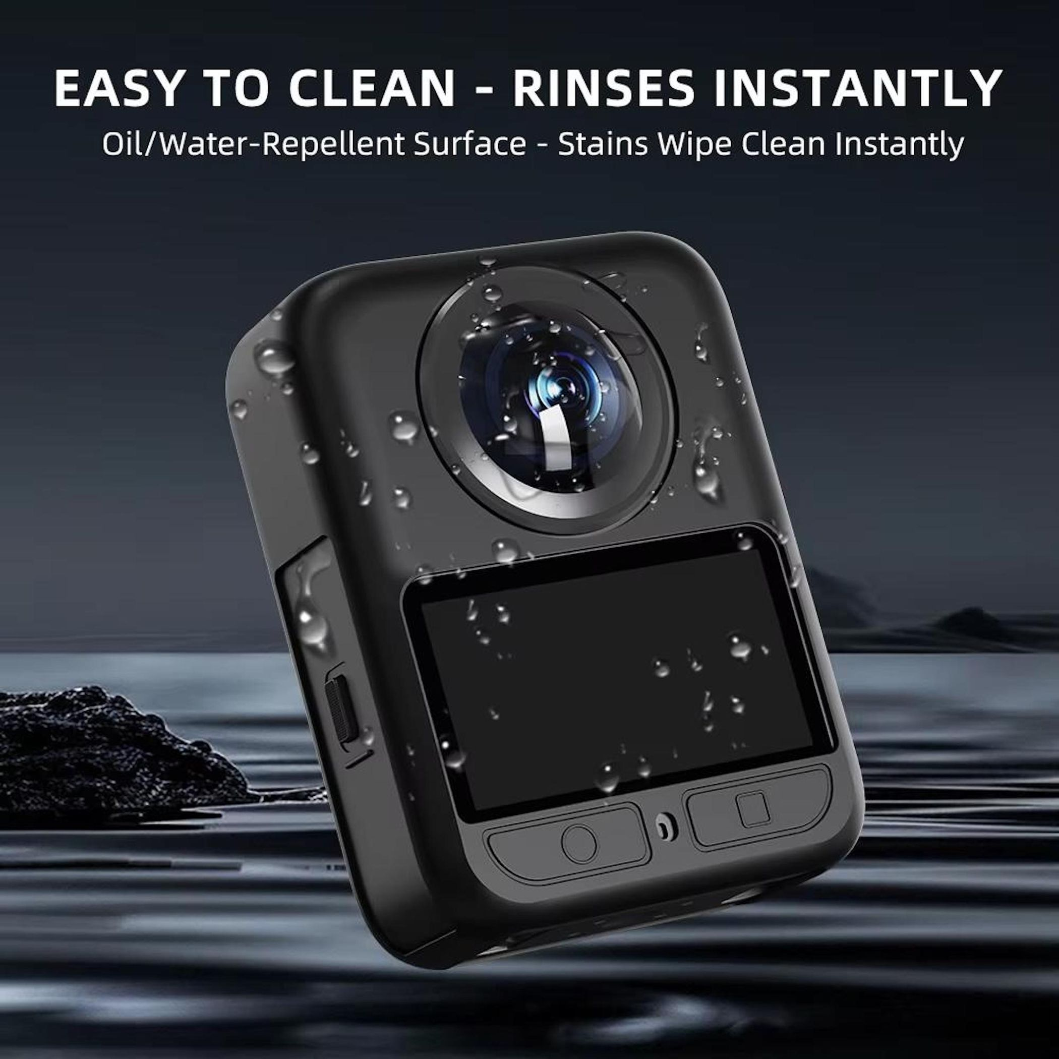 Una fotocamera nera con schermo e obiettivo, gocce d'acqua sulla superficie, su sfondo scuro, con testo sopra.