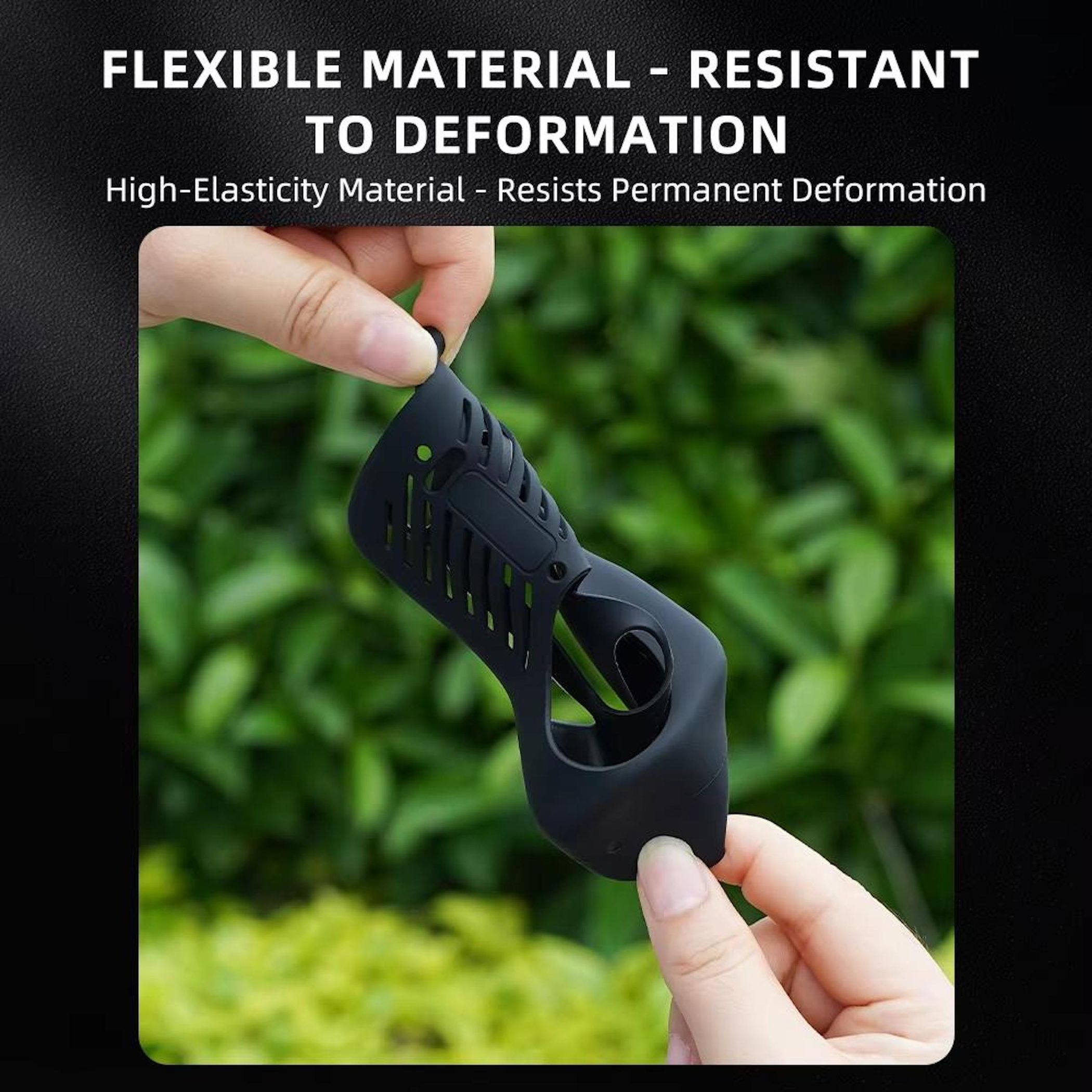 Una mano tiene un materiale nero flessibile. Lo sfondo ha foglie verdi e testo sulla deformazione.