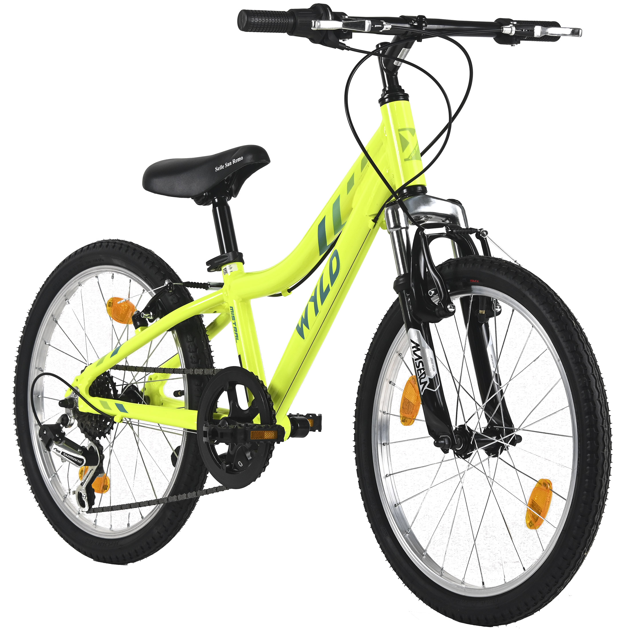 Ein limettengrünes Kinderfahrrad mit schwarzen Reifen und Akzenten, vor weißem Hintergrund.