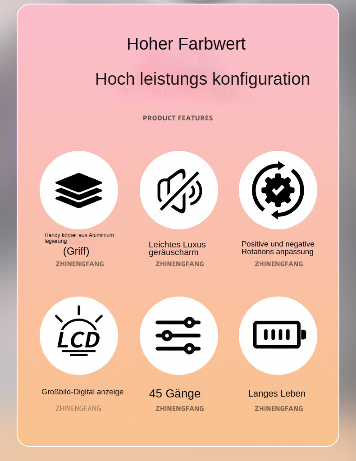 Infografik mit Symbolen und Text. Merkmale sind Aluminiumgehäuse, Geräuschreduzierung, Rotationsanpassung, LCD, 45 Gänge und lange Akkulaufzeit.