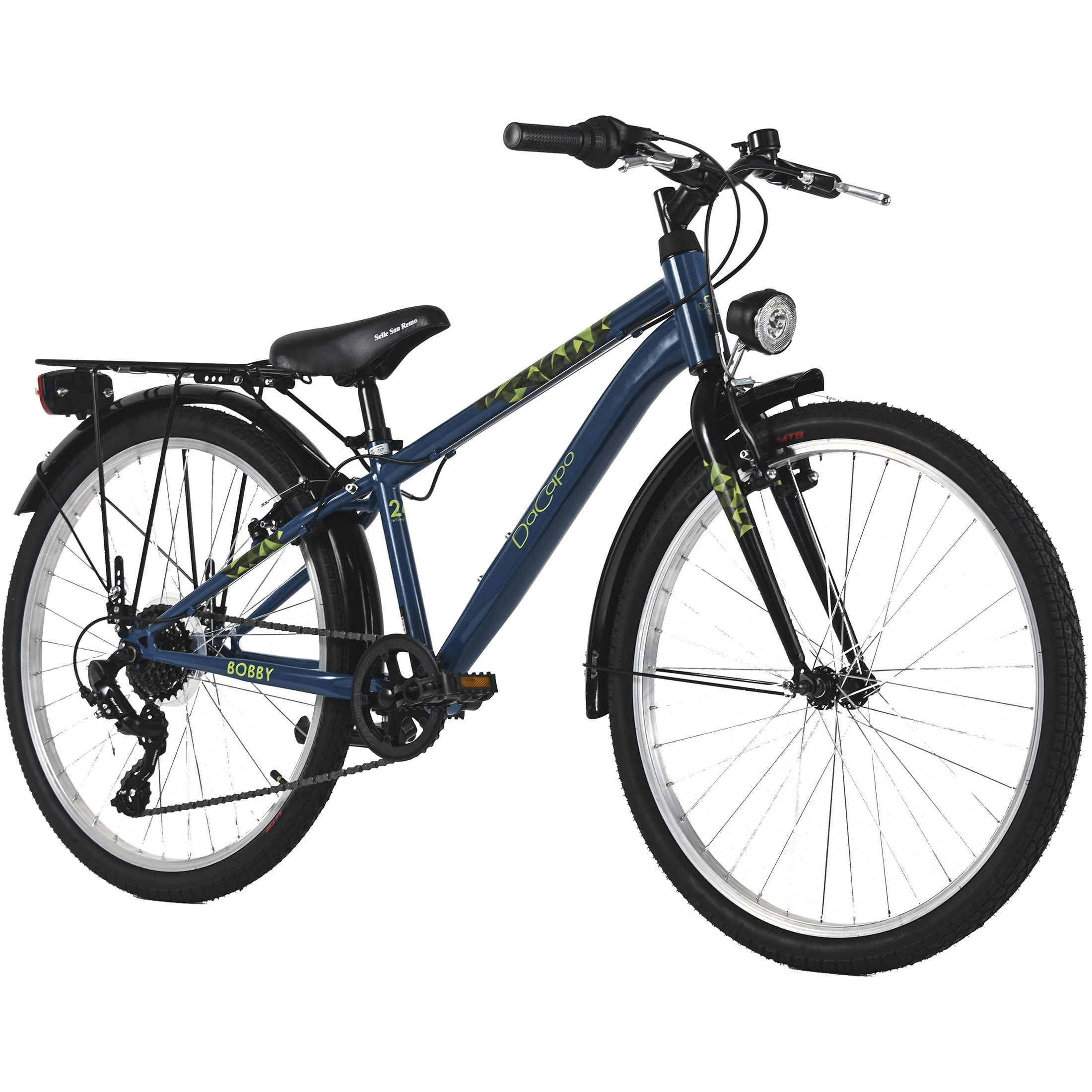 Ein blaues Fahrrad mit der Aufschrift 'DaCapo' und 'Bobby' hat schwarze Reifen, einen Gepäckträger und einen Frontscheinwerfer.