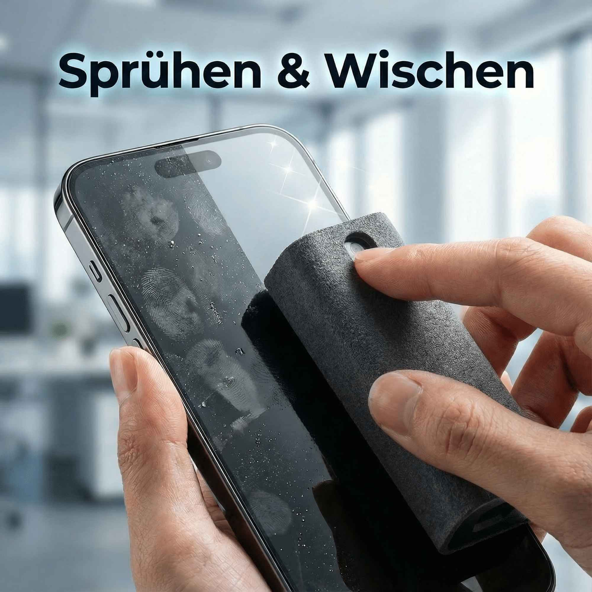 Hand reinigt Smartphone-Bildschirm mit einem Reinigungspad. Der Bildschirm ist schmutzig, der Hintergrund unscharf.