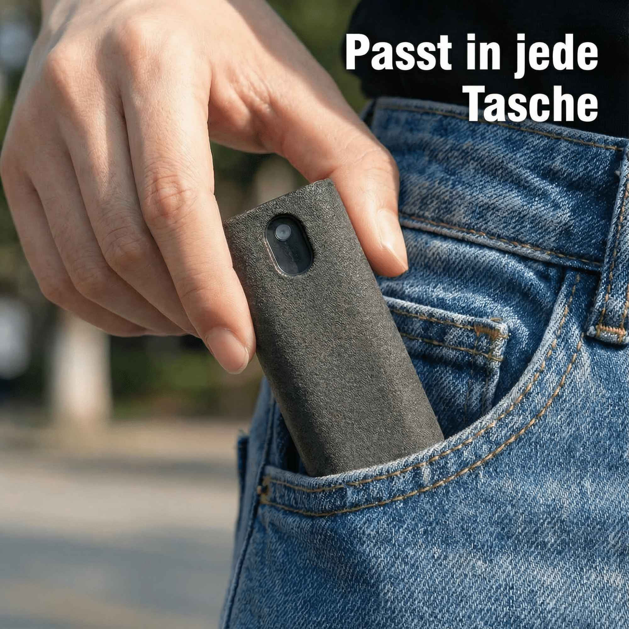 Eine Hand legt ein dunkelgraues rechteckiges Objekt in eine blaue Jeanstasche. Text: 'Passt in jede Tasche'.