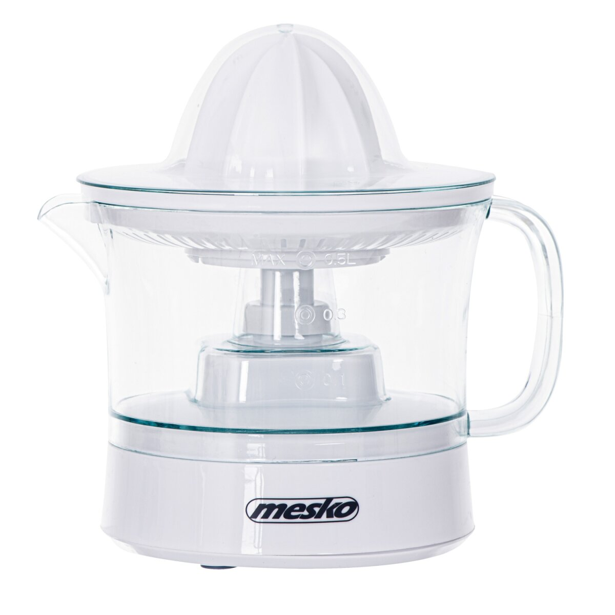 Uno spremiagrumi elettrico bianco e trasparente. Ha una base bianca, un contenitore trasparente e un reamer bianco.