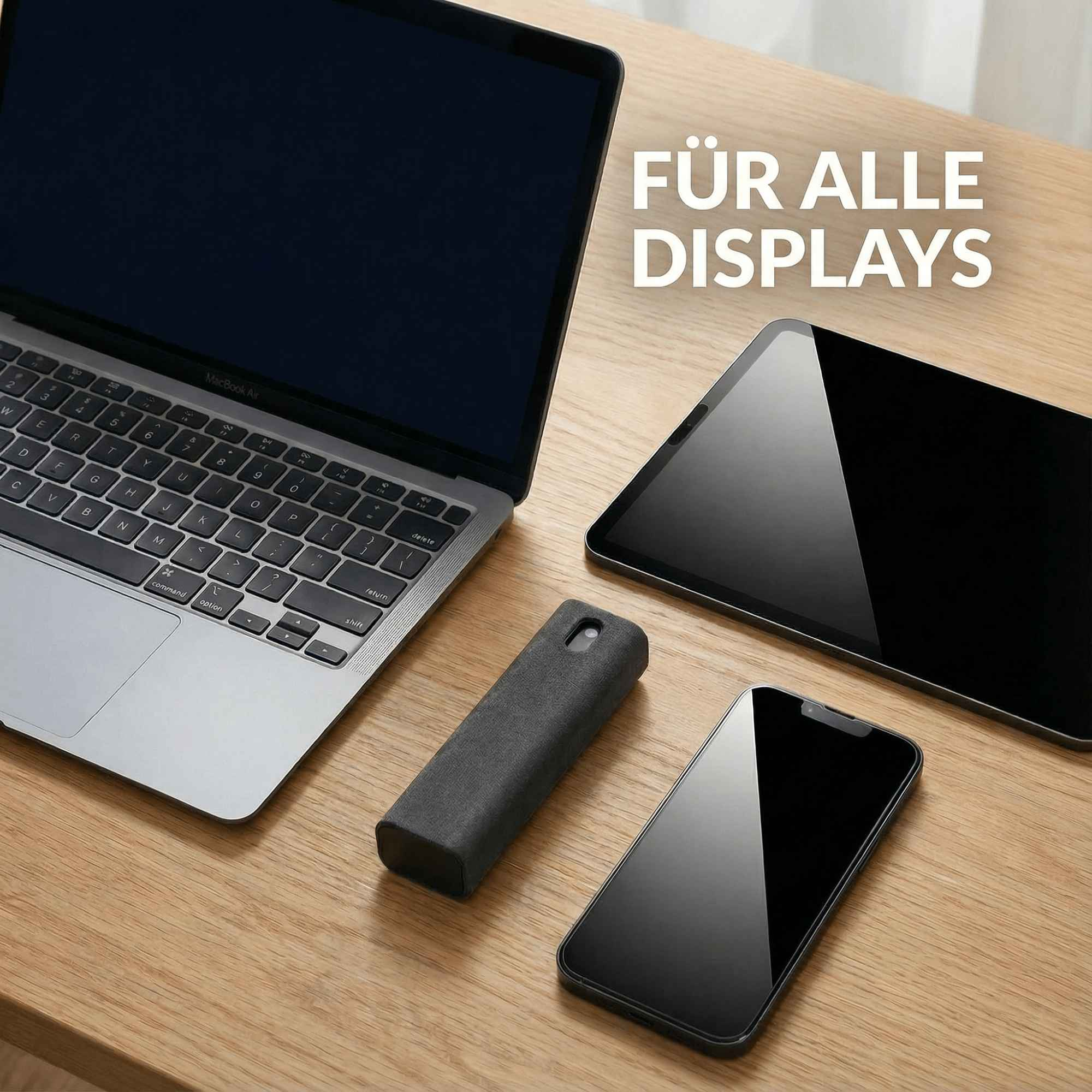 Laptop, Tablet und Smartphone auf Holzoberfläche. Reinigungsspray in der Mitte. Text: 'FÜR ALLE DISPLAYS'.