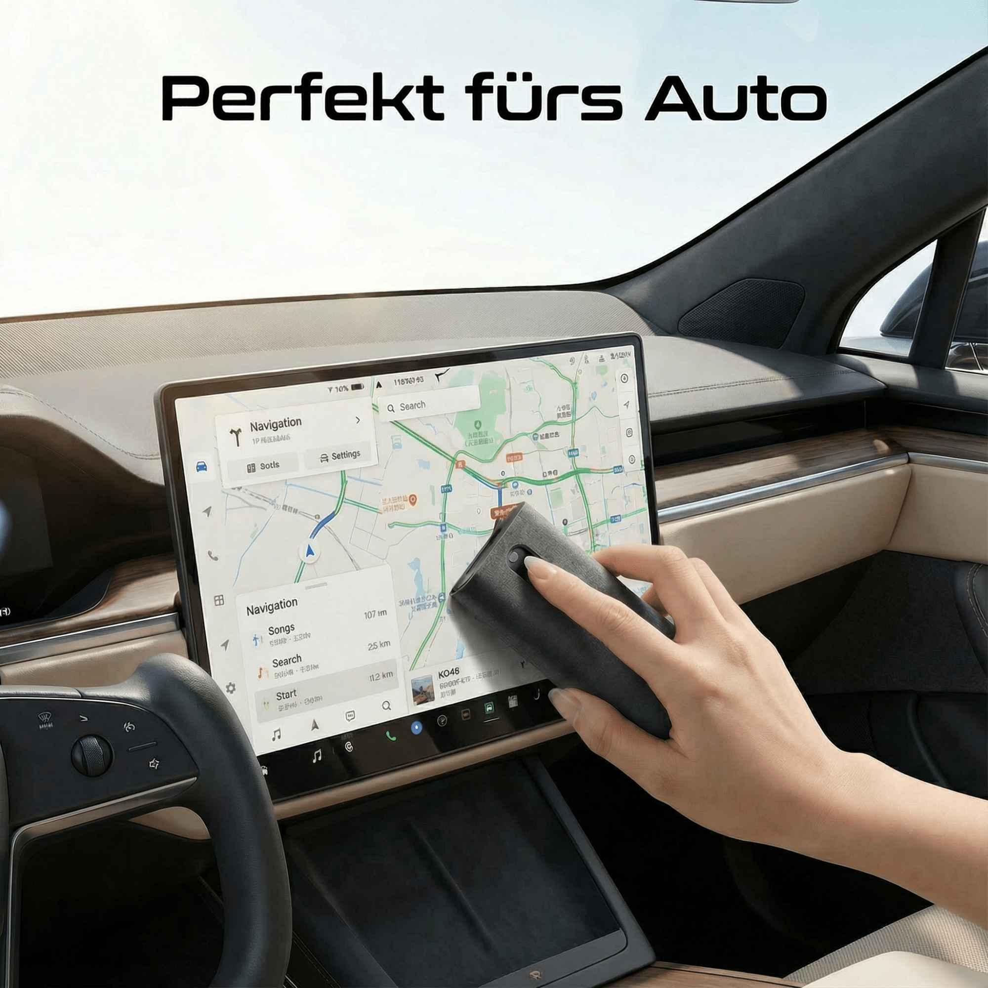 Eine Hand reinigt den Touchscreen eines Autos, auf dem eine Karte angezeigt wird. Das Innere des Autos ist sichtbar, mit dem Text 'Perfekt fürs Auto'.