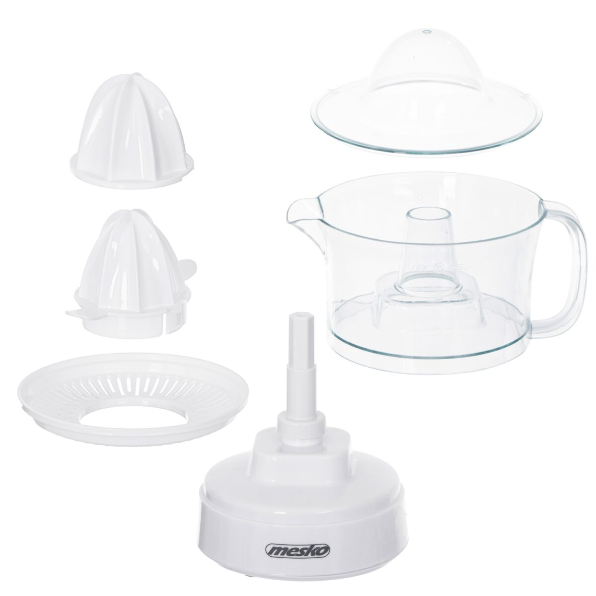 Uno spremiagrumi bianco smontato su sfondo bianco. Include base, brocca, colino e vari coni.