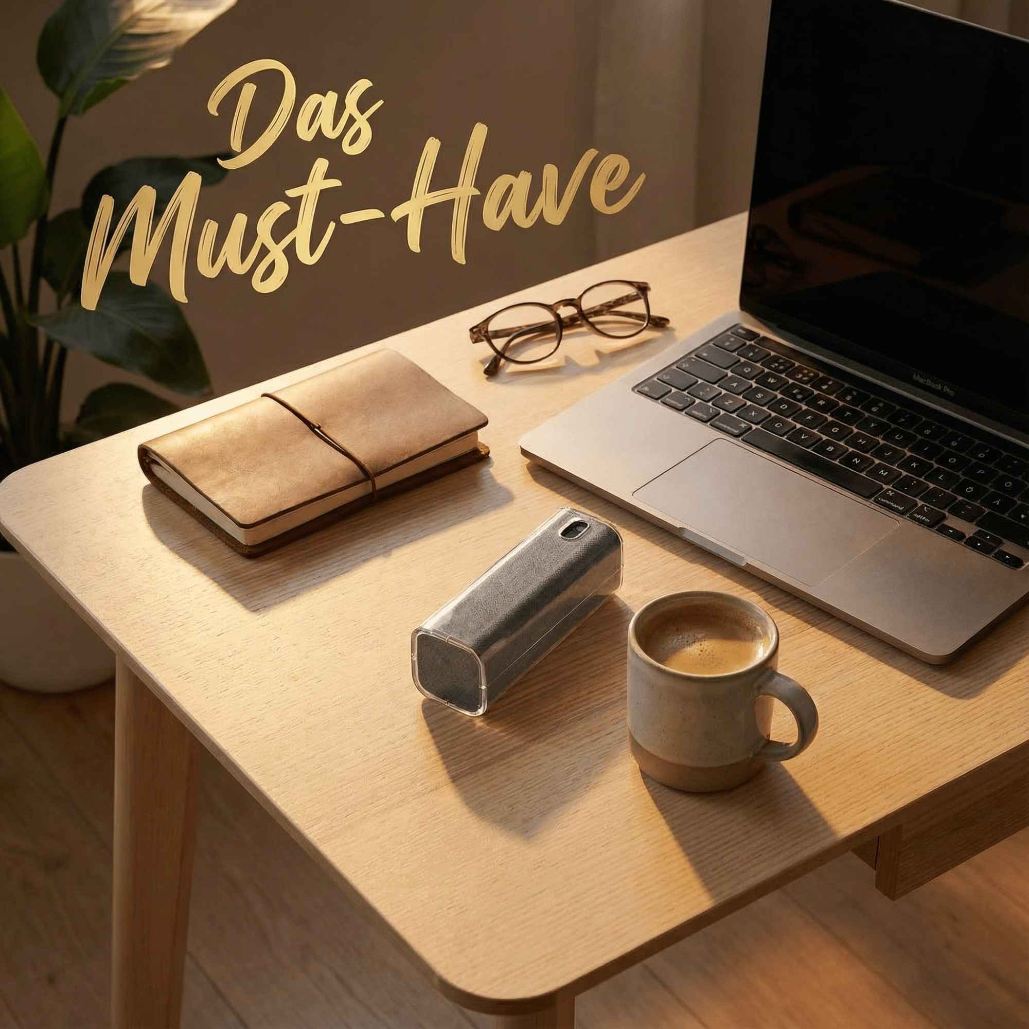 Ein Schreibtisch mit Laptop, Kaffee, Brille, Notizbuch und Telefonreiniger. Die Worte 'Das Must-Have' sind goldfarben.