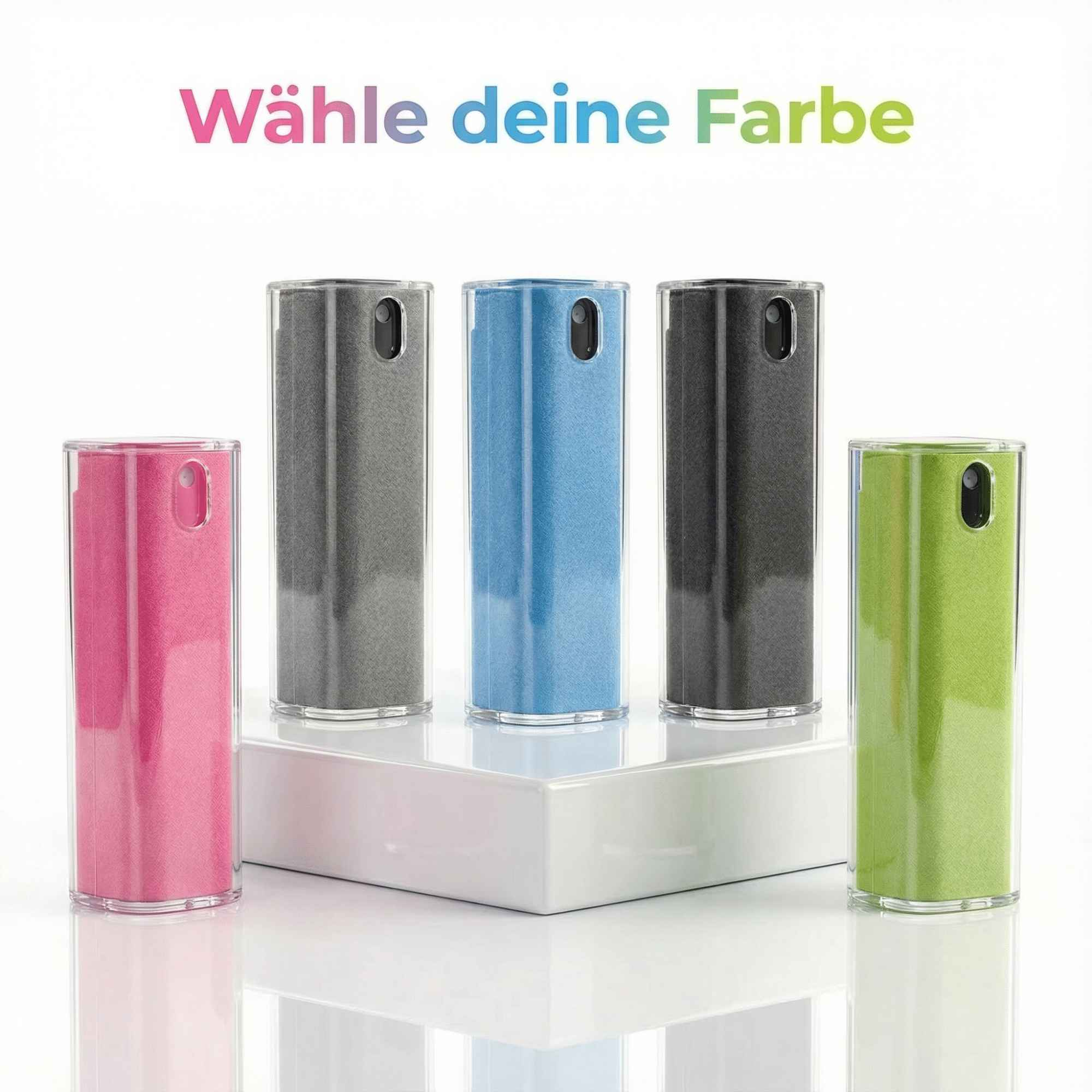 Fünf farbenfrohe Bildschirmreiniger auf einer weißen Oberfläche mit dem Text 'Wähle deine Farbe' darüber.