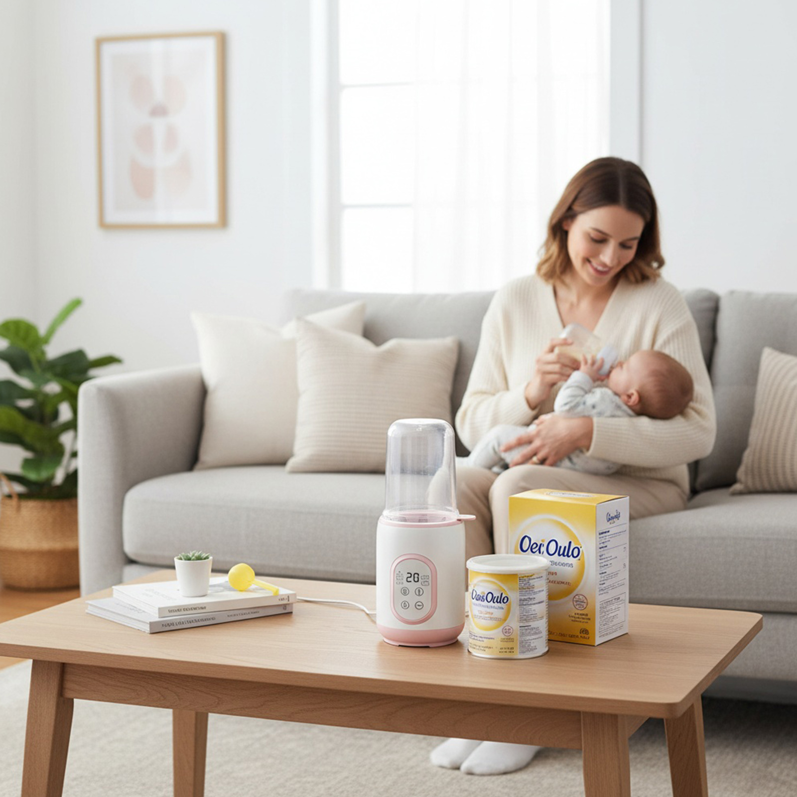 Eine Frau füttert ein Baby mit einer Flasche. Auf dem Tisch stehen ein Wärmer, Babynahrung und Bücher.