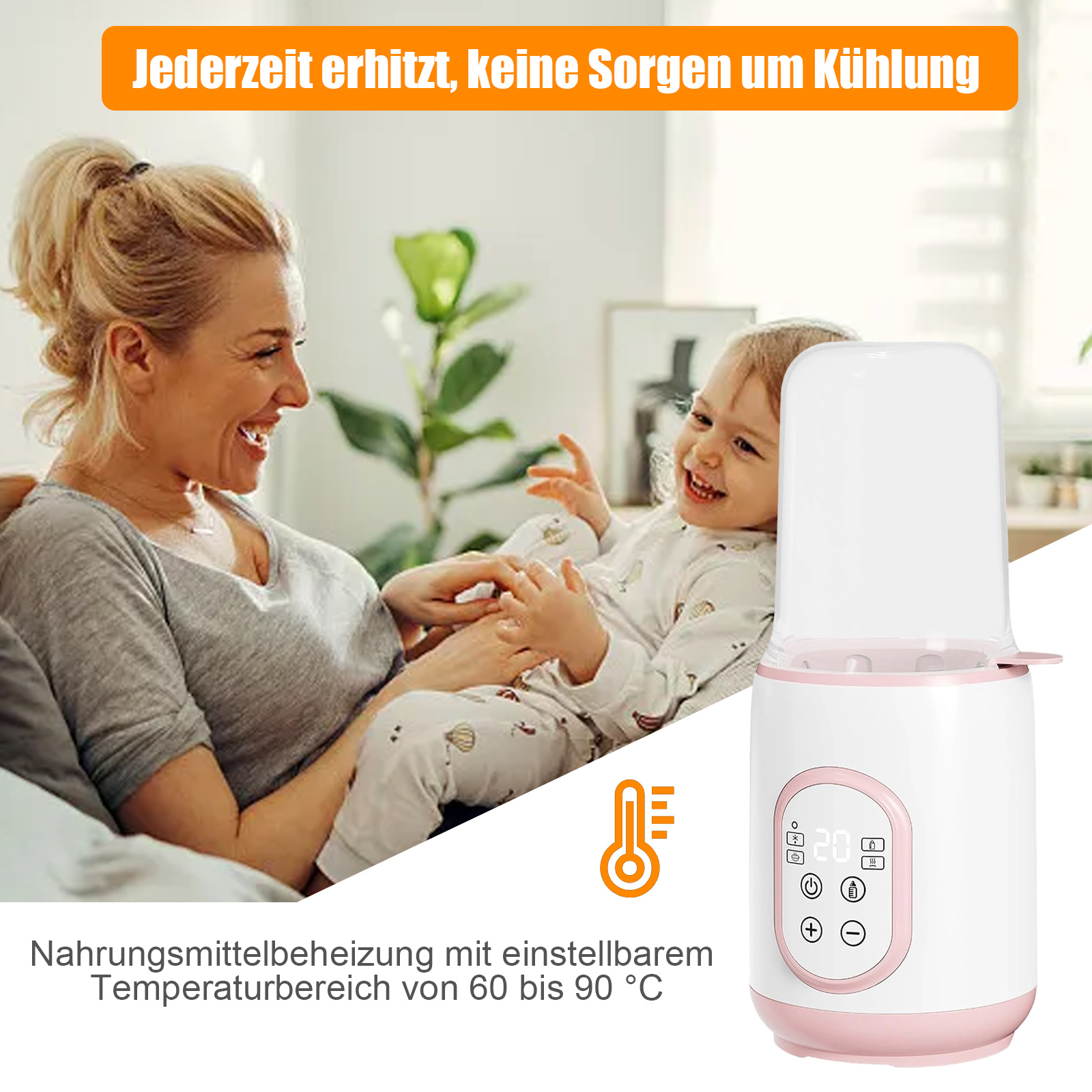 Eine Frau und ein Kind lächeln neben einem weiß-rosa Flaschenwärmer mit Digitalanzeige.