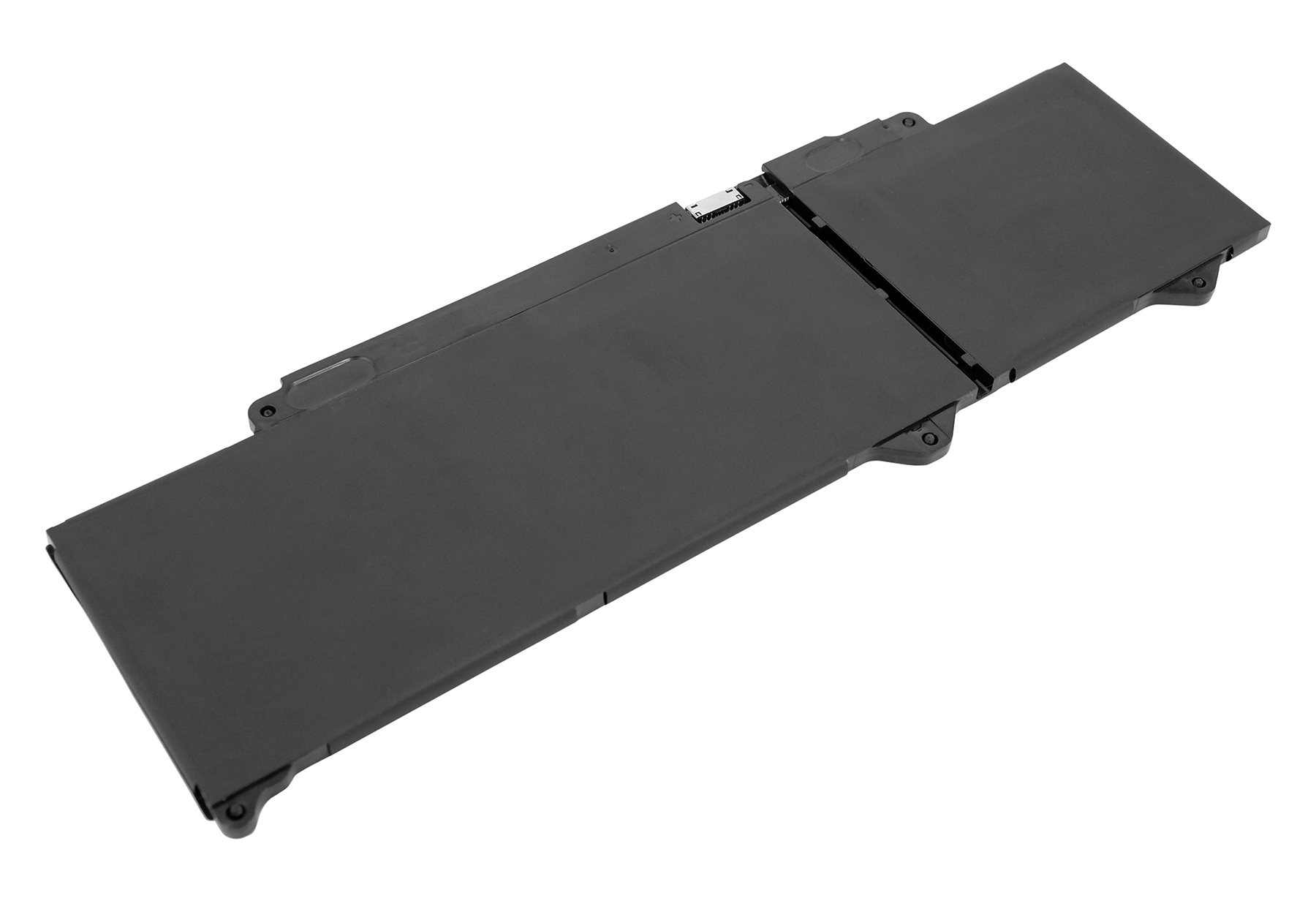 Ein schwarzer Laptop-Akku auf weißem Hintergrund. Er ist rechteckig mit geteiltem Design und kleinen Details.